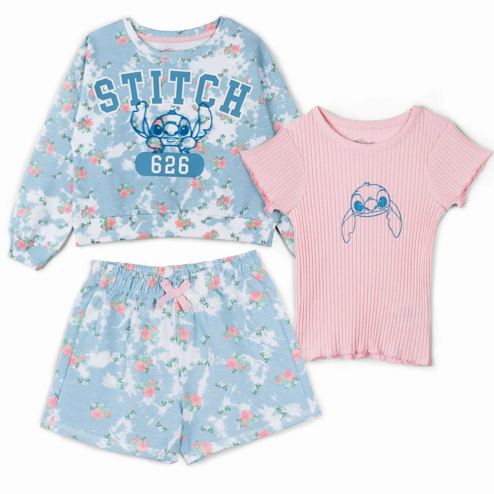 Disney Lilo & Stitch - Sudadera de rizo francés para niñas, camiseta y pantalones cortos, 3 piezas, tallas de niño a niño grande (4T - 10-12)