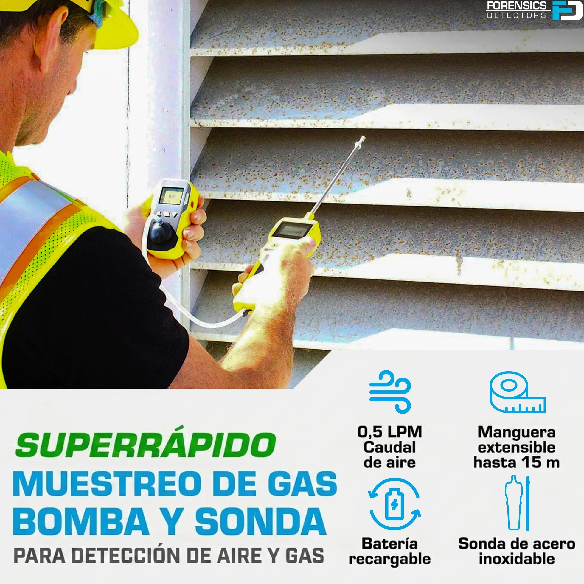 Bomba de Muestreo de Gas Forensics | Sonda de Acero Inoxidable | Caudal 0,5 LPM | ABS Reforzado | Recarga USB