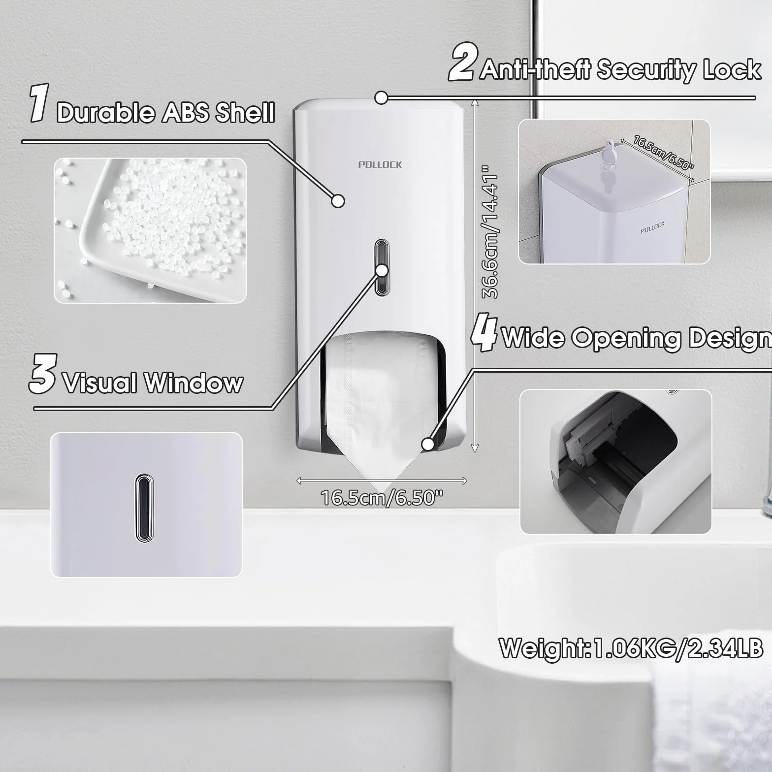 Pollock Dispensador de Doble Rollo de Papel Higiénico, Montaje en Pared, Gran Capacidad, Blanco