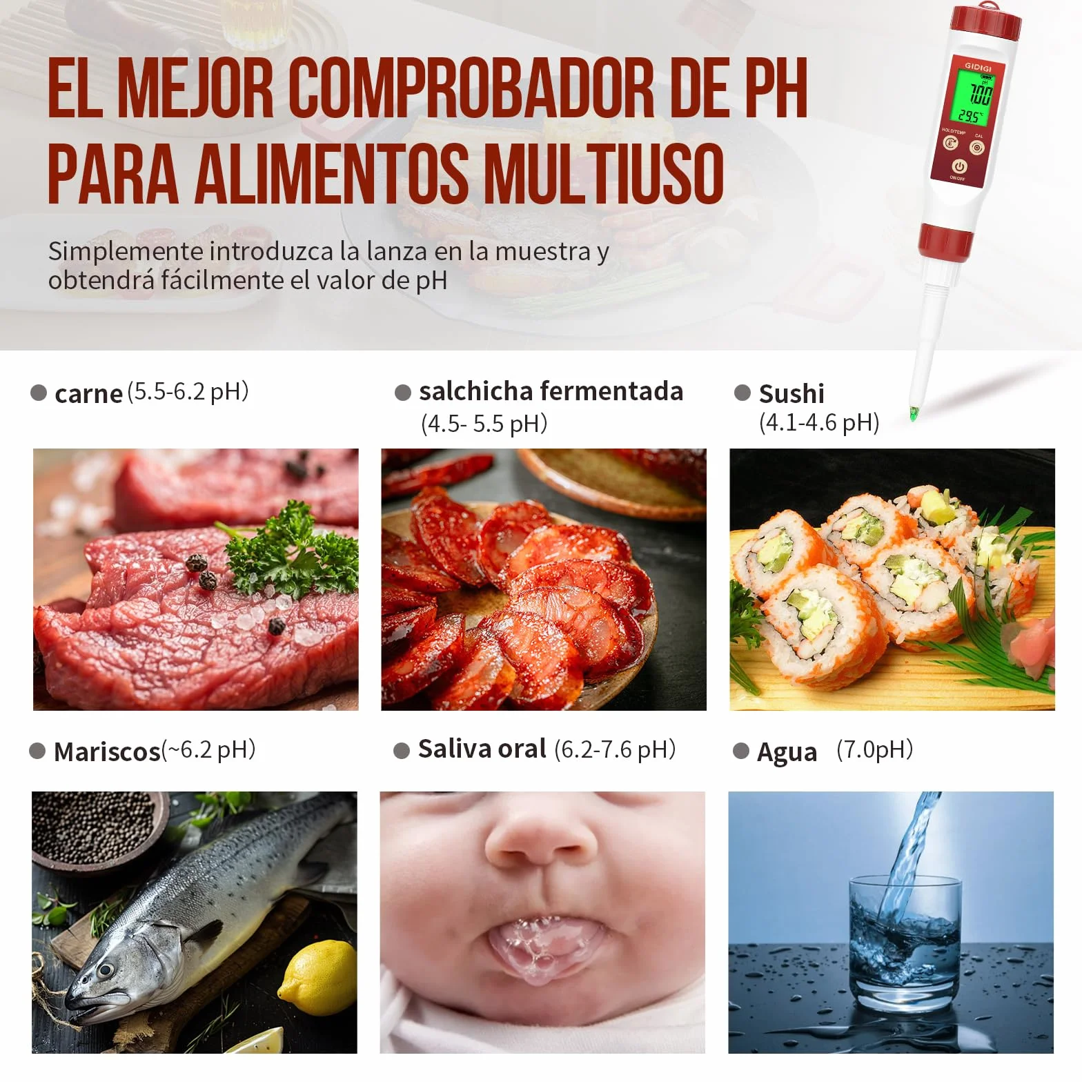 Medidor pH Alimentos Profesional con Sonda de Punta para Analizar pH y Temperatura en Líquidos y Semisólidos