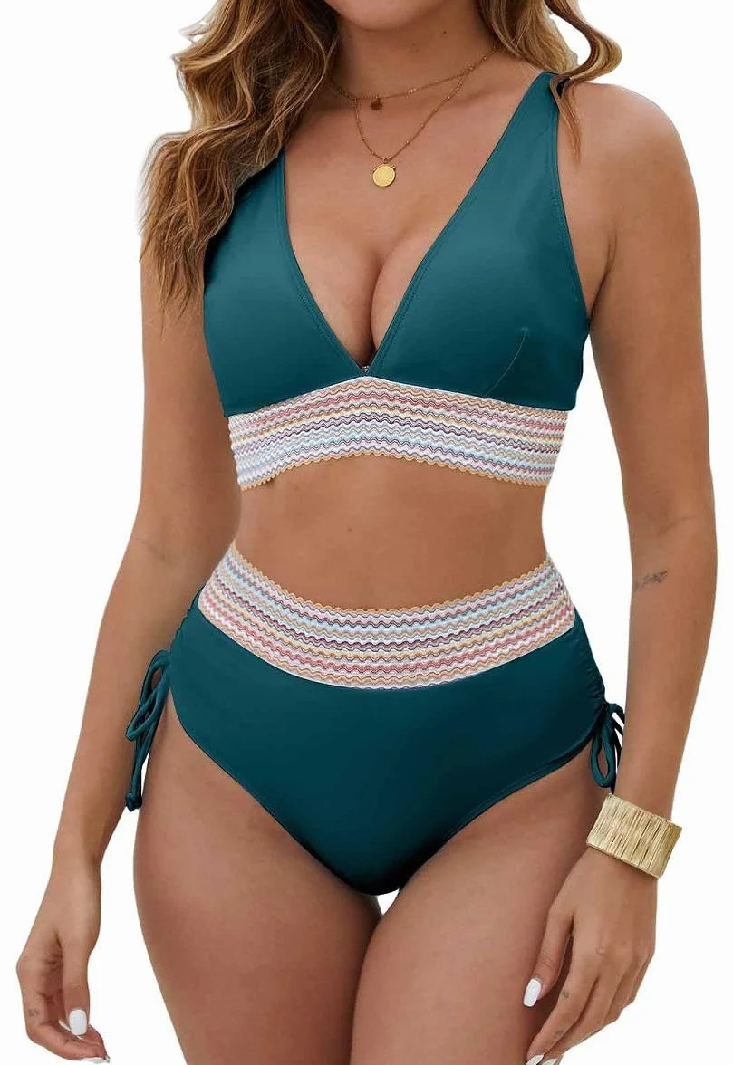 Yutdeng Conjunto Bikini Mujer Braga Alta Reductores Barriga Push Up con Relleno Cuello V Bañador 2 Piezas