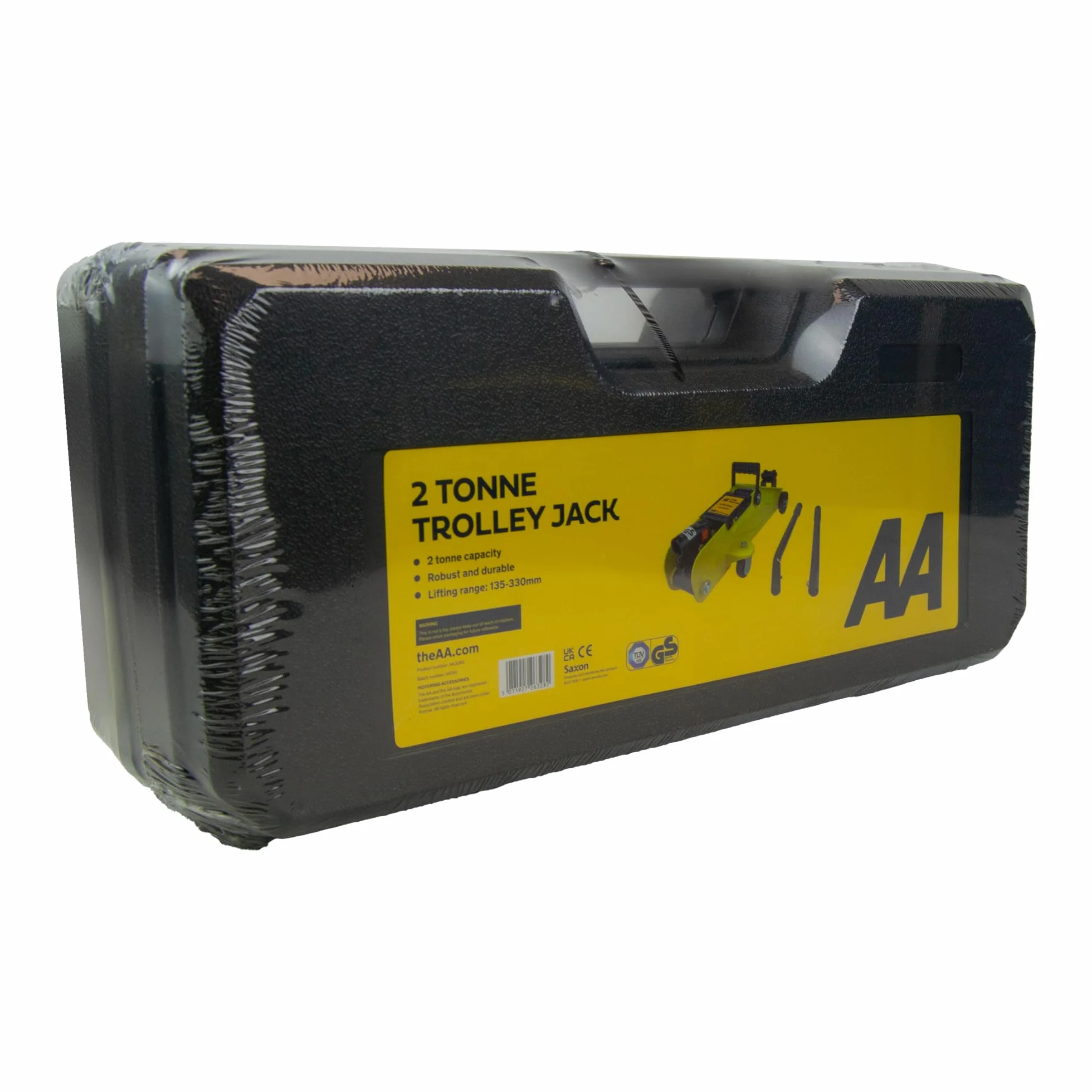 Gato hidráulico de 2 toneladas AA3282, Rango de elevación 135-330 mm, Aprobado TUV/GS, Incluye maletín, Negro y Amarillo