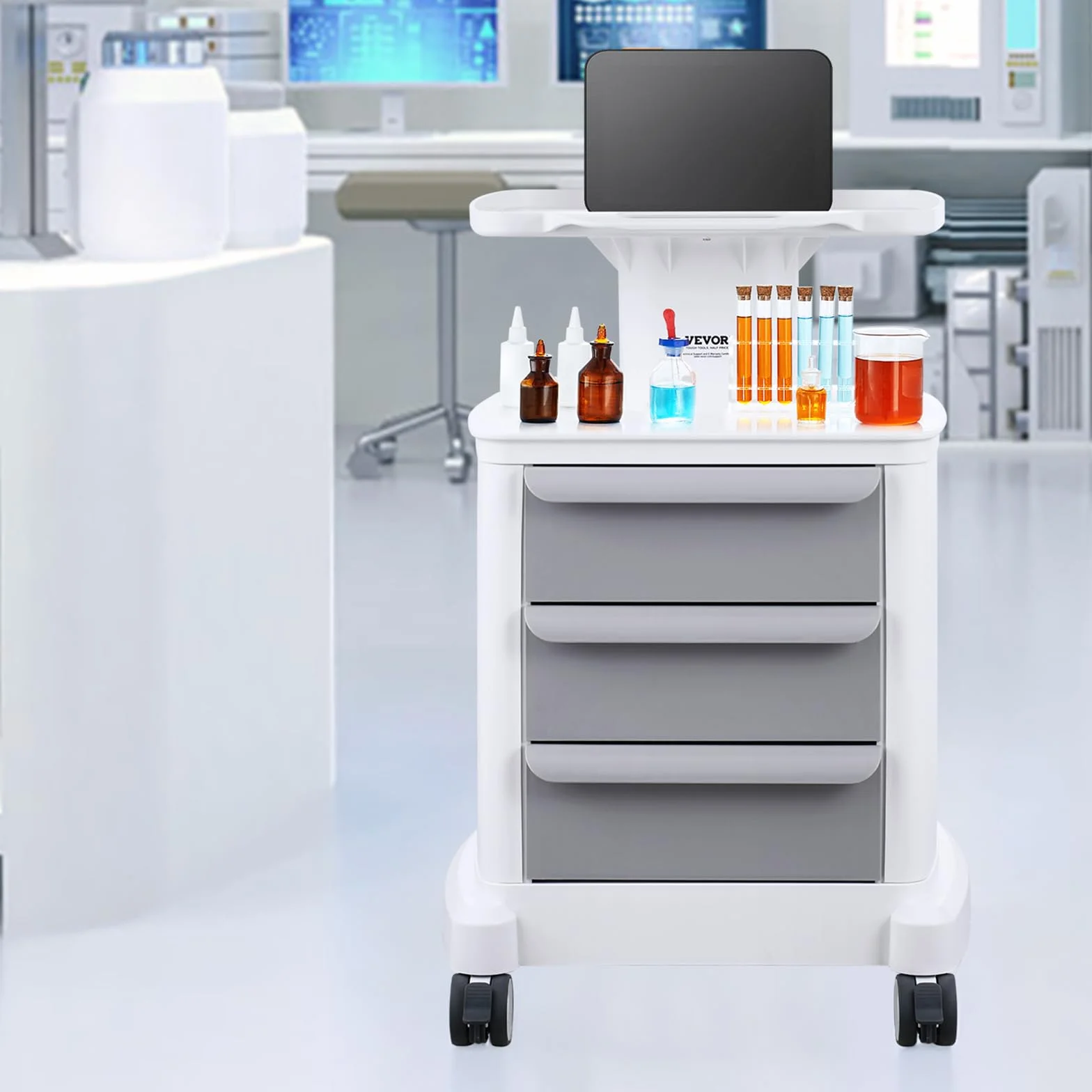VEVOR Carro Médico 4 Niveles con 3 Cajones, Bandeja Superior, Ruedas Silenciosas, ABS, Blanco