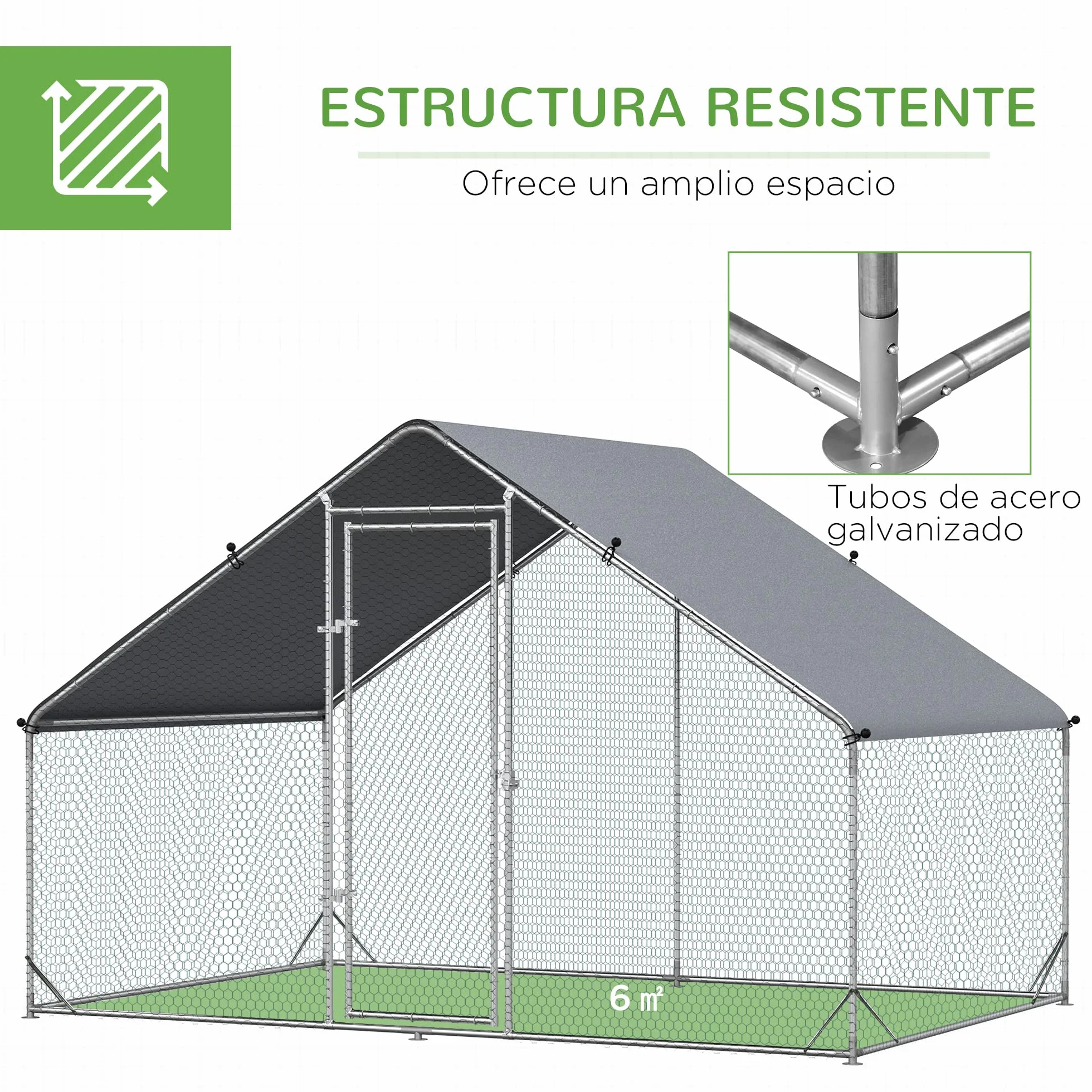 PawHut Gallinero Exterior Grande 3x2x2 m Jaula 4-6 Gallinas Acero Galvanizado Cubierta PE Cerradura Plata