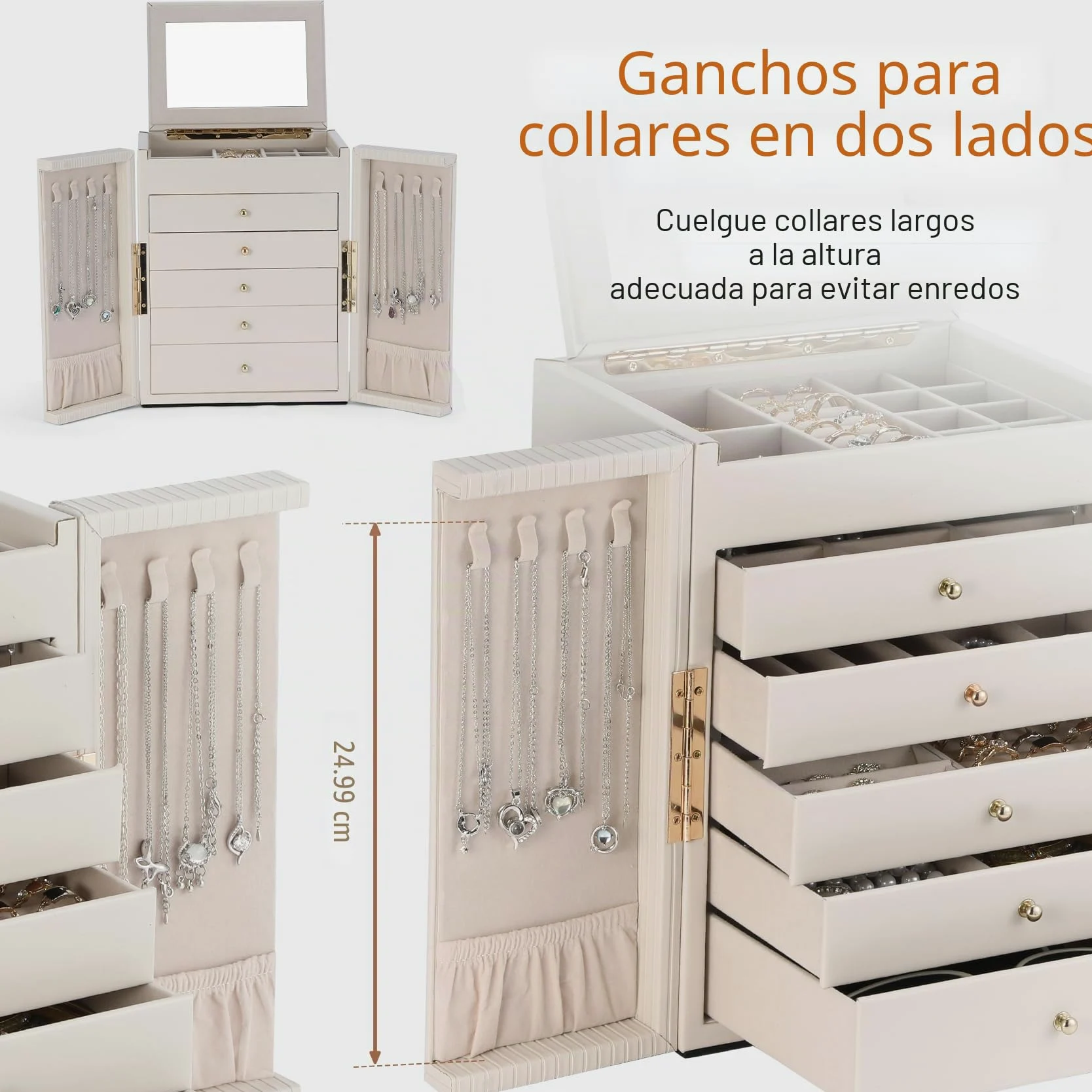 Dajasan Grande Joyeros Mujer Organizador, 6 Capas Organizador Joyas, Joyero Mujer con Espejo Para Navidad, San Valentín, Cumpleaños de la Madre, Año Nuevo (Beige)
