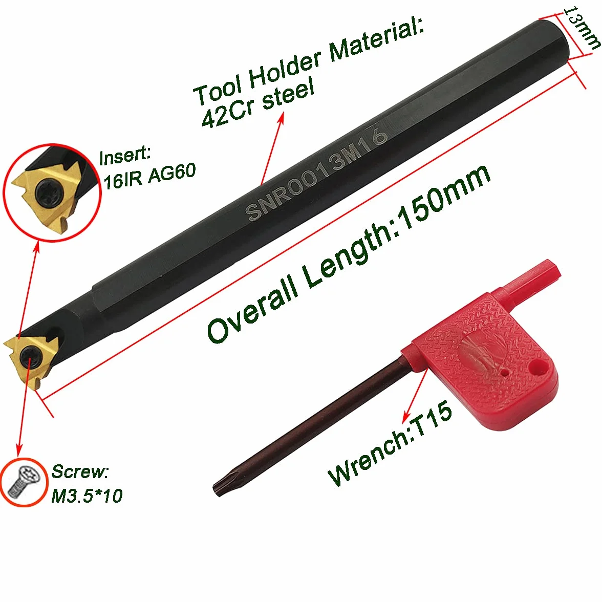 Barra de mandrinado 1/2" 5/8" SNR0013M16 + SER1616H16 Soporte torneado rosca interna con 10 insertos carburo 16ER AG60 16IR AG60