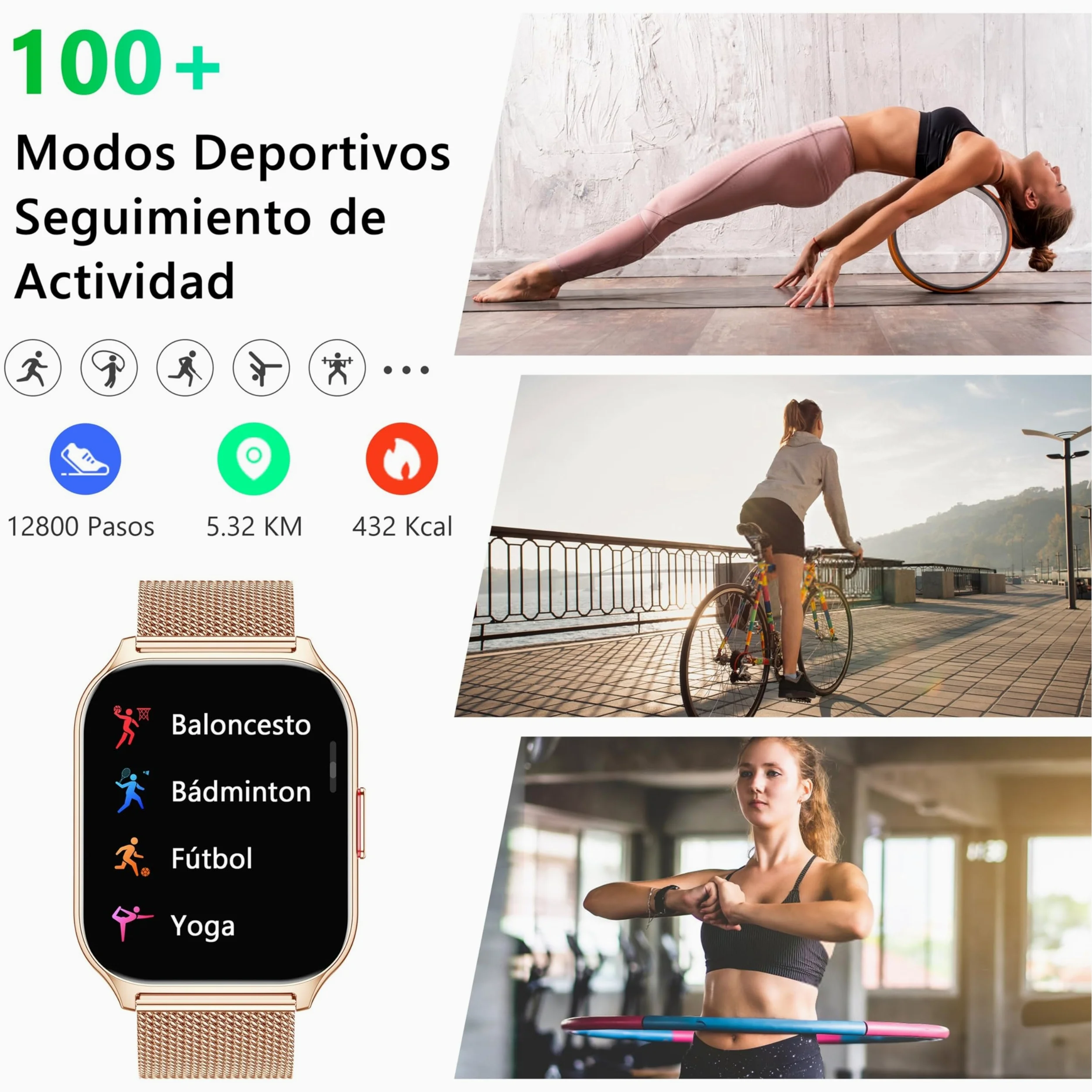 Reloj Inteligente Mujer con Bluetooth, Llamada, Presión Arterial, Ritmo Cardíaco, 100+ Deportes, para iOS Android