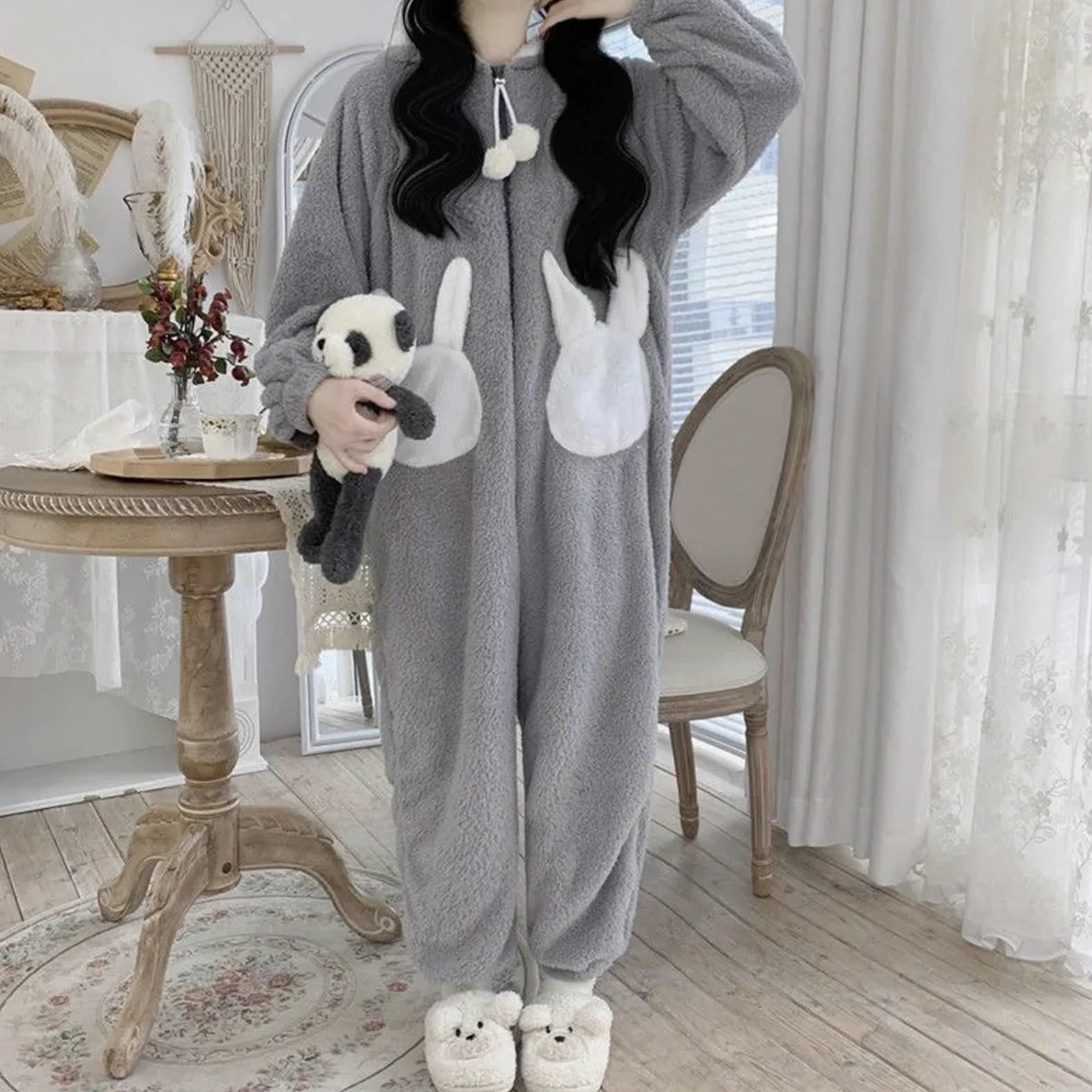 Monos con Capucha de Conejito for Mujer, Lindos Pijamas Kawaii, Ropa de Dormir cálida de Invierno, Ropa de Dormir de Dibujos Animados de Animales, Acogedor con Bolsillos(XL)
