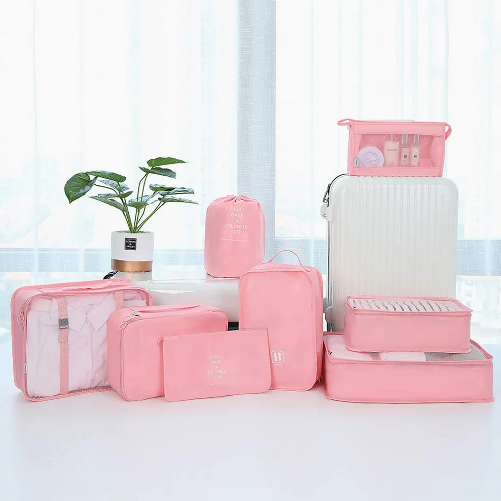 Belsmi - Juego de 8 Cubos de Embalaje con Bolsa para Zapatos - Organizador de Equipaje de Viaje (Rosa)