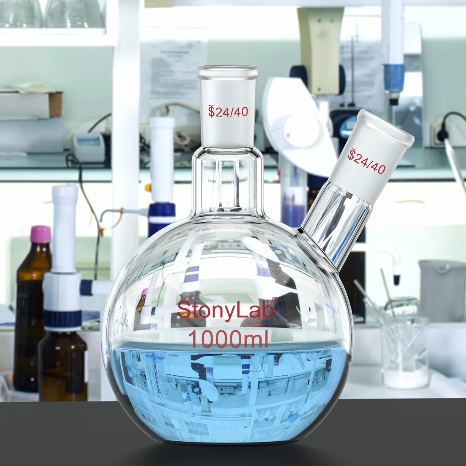 Stoneylab Matraz de Fondo Plano FBF 1000 ml, Vidrio de Borosilicato con Junta 24/40