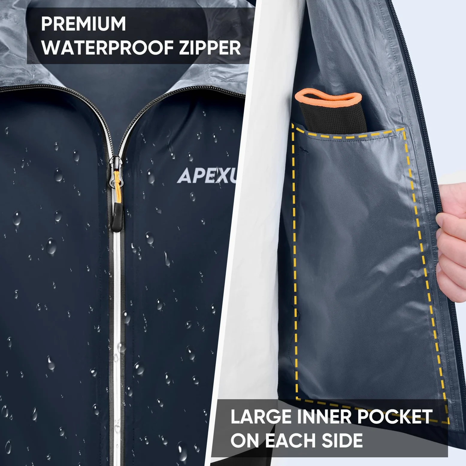 APEXUP Chaqueta impermeable plegable para hombre con cremallera reflectante, impermeable ligera, chaqueta impermeable para hombre para deportes al aire libre