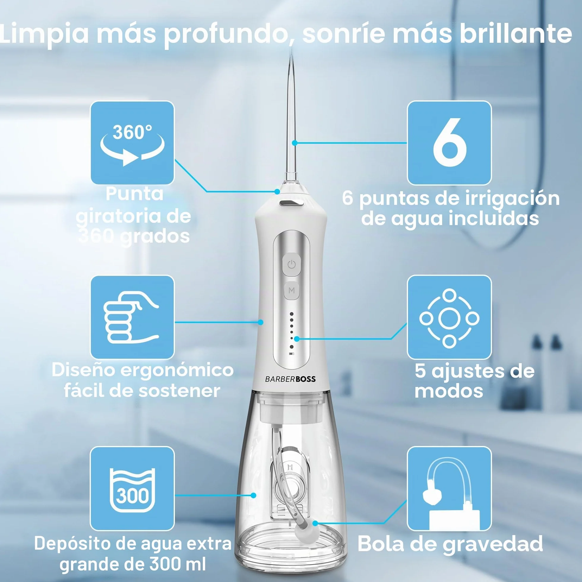 BarberBoss Irrigador Bucal Eléctrico, Limpiador de Dientes, 5 Boquillas, QR-7024 Blanco