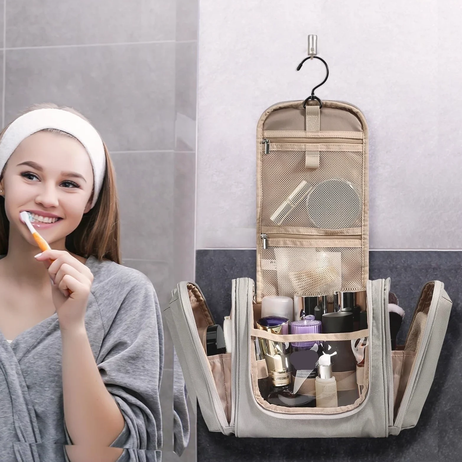 Neceser Bolsas de Viaje Colgantes, Nuevo Organizador de Maquillaje Transparente Impermeable, Gran Capacidad, Neceser cosmético, Estuche organizadores(Black,L)