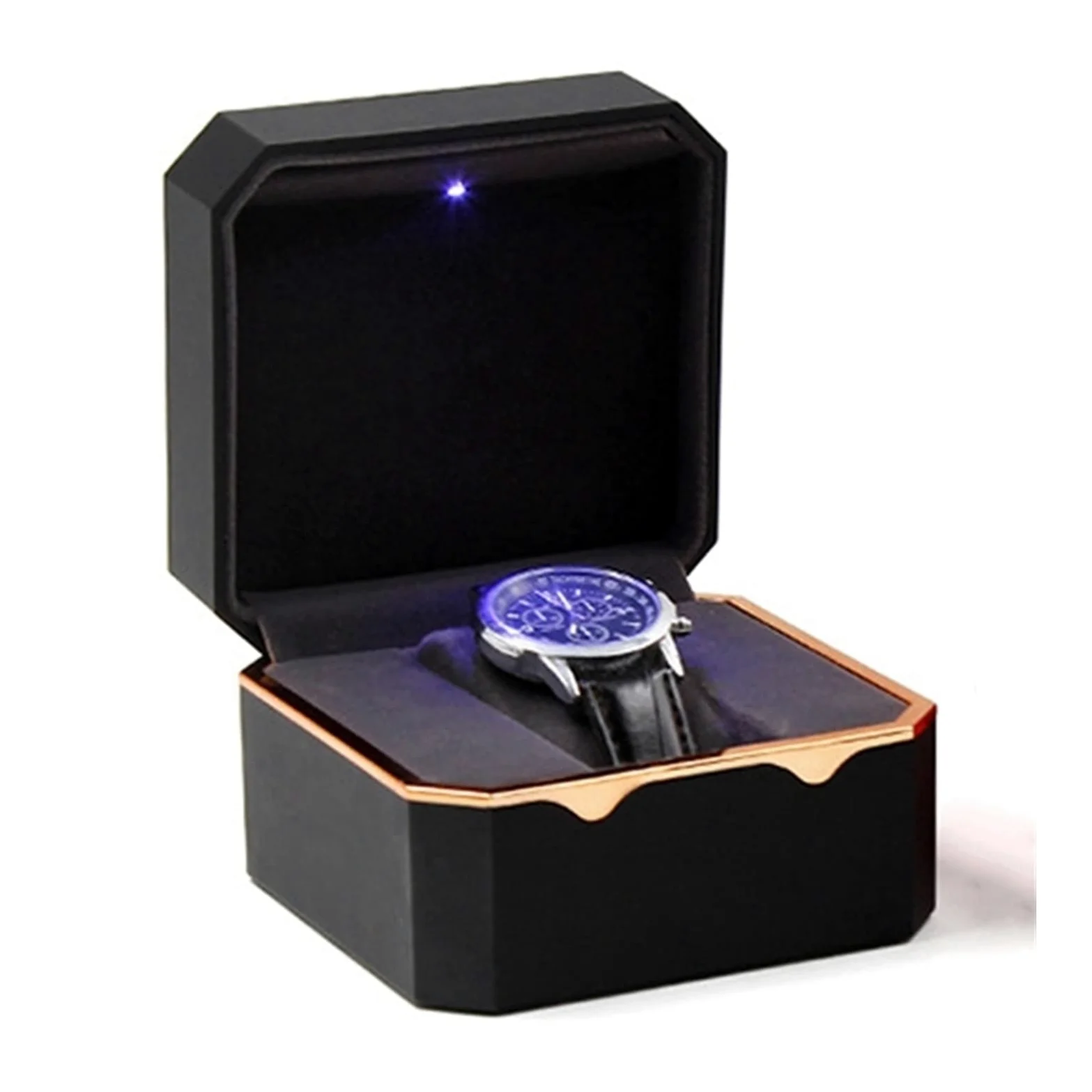 XBTGS Caja expositora octogonal con borde dorado para reloj, caja de almacenamiento de luz, caja de almacenamiento de joyas, anillos, pulseras, joyas y relojes, cajas de relojes para hombres