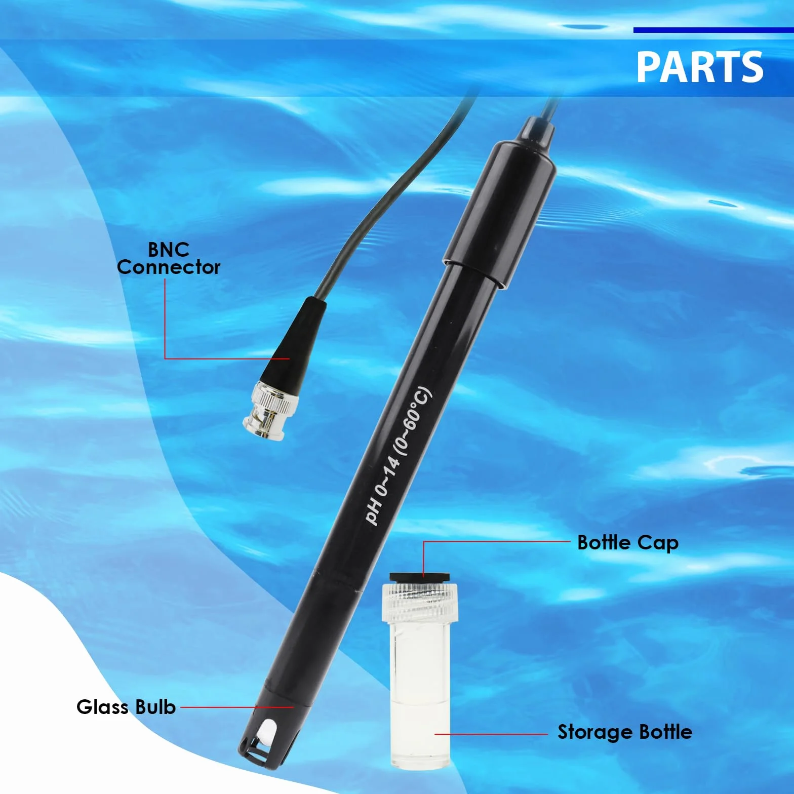 Electrodo de pH con sonda intercambiable, cable 300 cm, rango 0-14 pH, conector BNC, polvo calibración