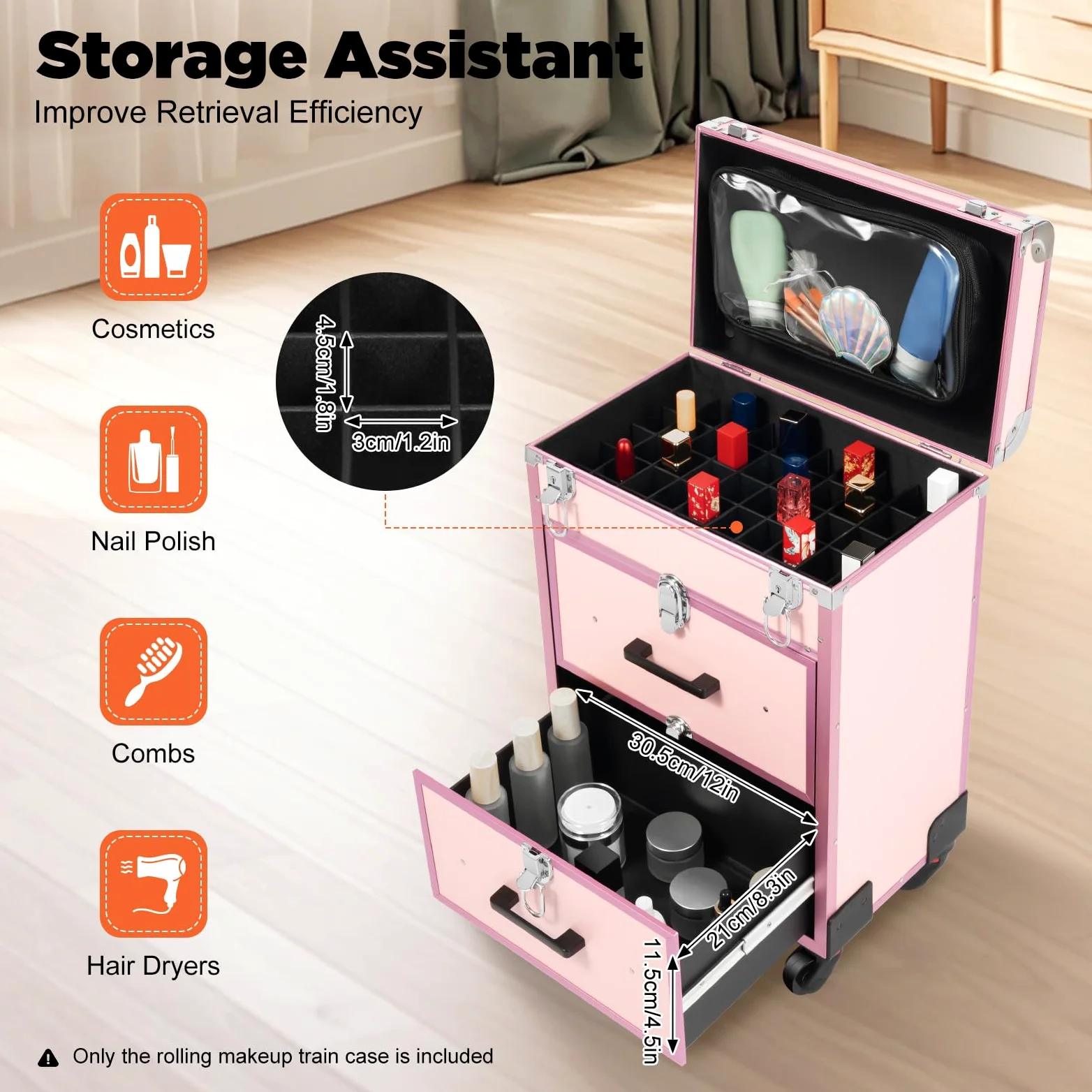 Maletín de maquillaje con ruedas con 50 compartimentos, maletín de maquillaje con 2 cajones y bolsa extraíble, de aluminio, con cerradura, capacidad de carga de 50 kg, color rosa