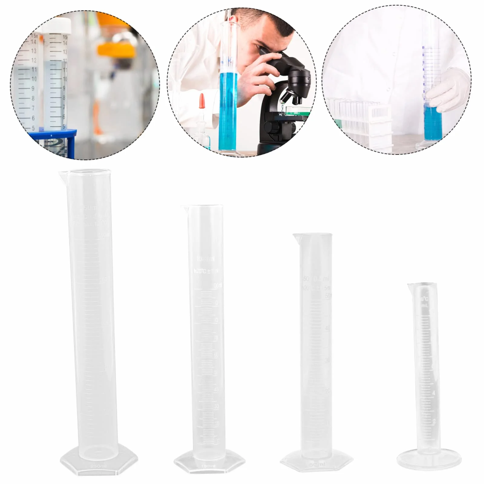 SOLUSTRE Probeta Plástico Graduada 10ml 50ml 100ml 250ml Cilindro Medidor Transparente Set 4 Piezas