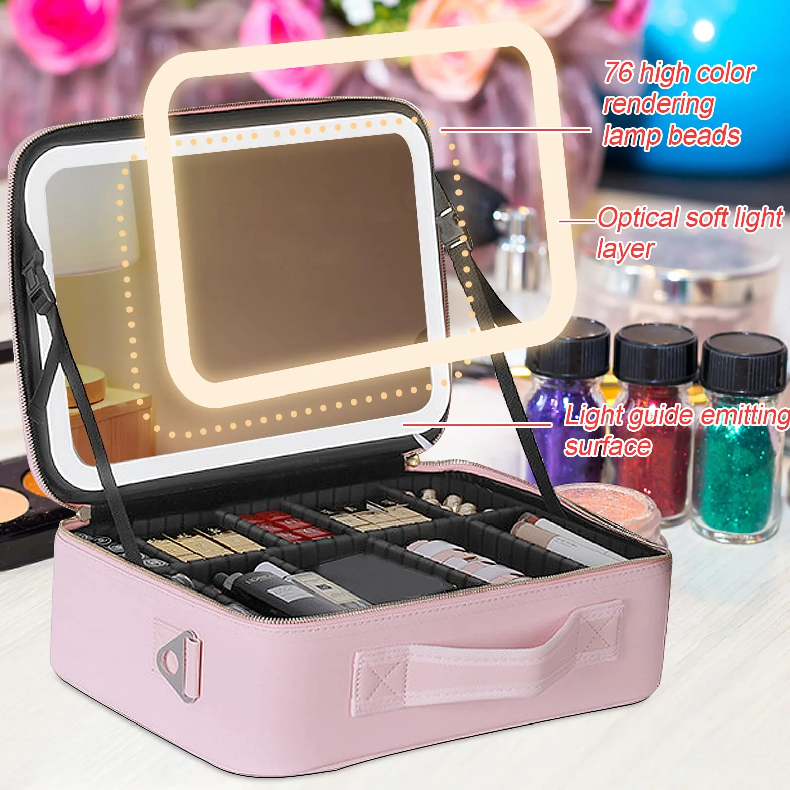 Bolsa de cosméticos de gran capacidad con espejo y luz, bolsa de cosméticos profesional con espejo iluminado, bolsa de cosméticos portátil, compacta y práctica, Rosa., large, Bolsa de cosméticos con