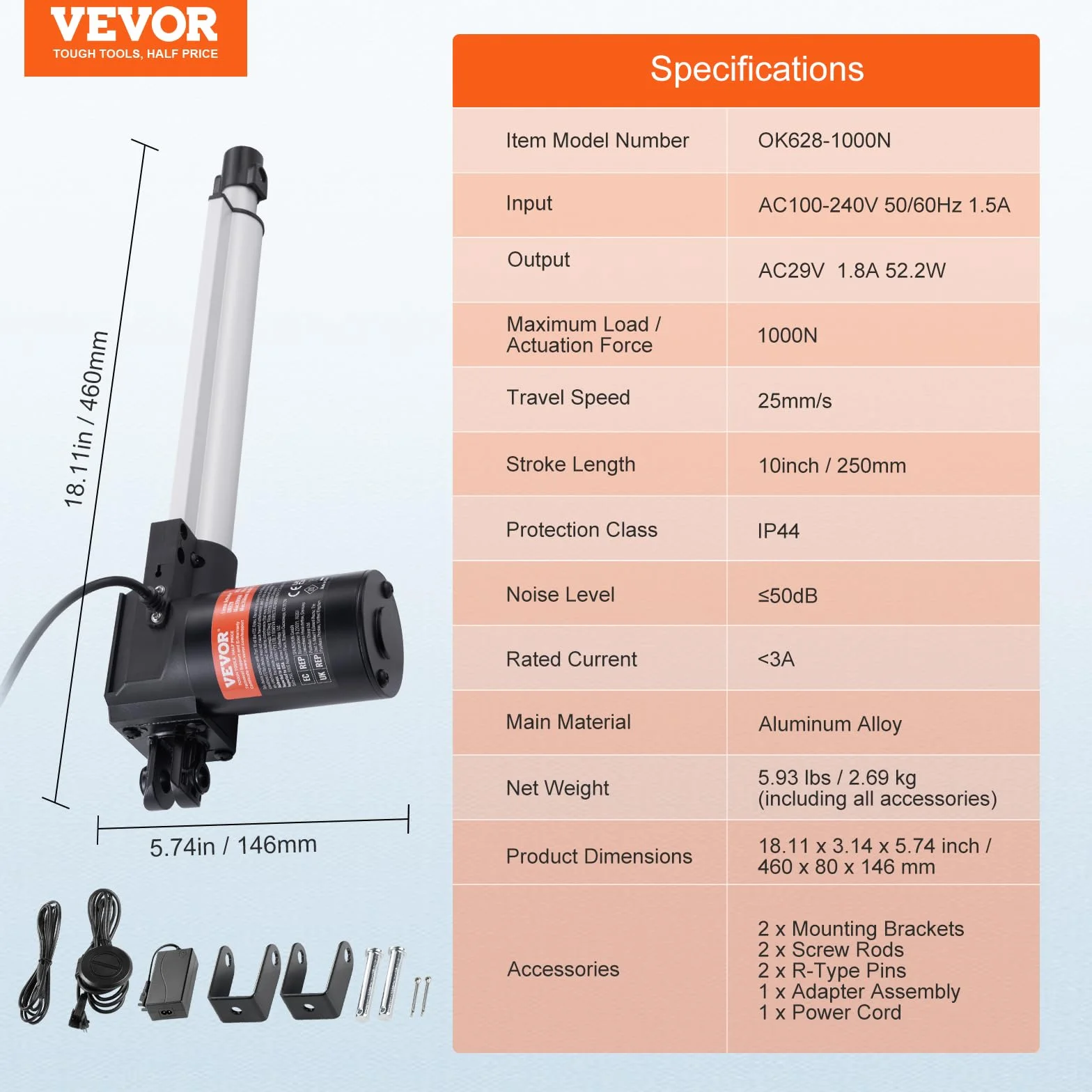 VEVOR Actuador Lineal 250 mm 24 V 25 mm/s 220 lb 1000 N IP44 para Elevación TV Mesa Sofá