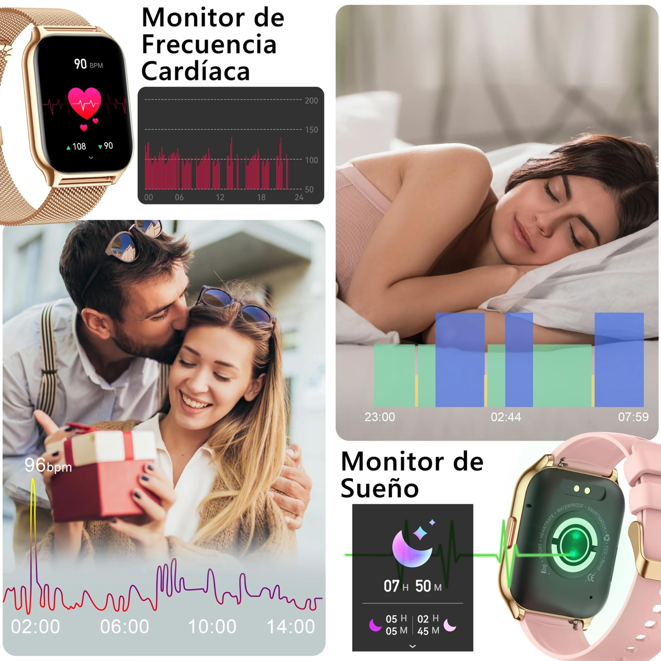 Reloj Inteligente Mujer con Bluetooth, Llamada, Presión Arterial, Ritmo Cardíaco, 100+ Deportes, para iOS Android