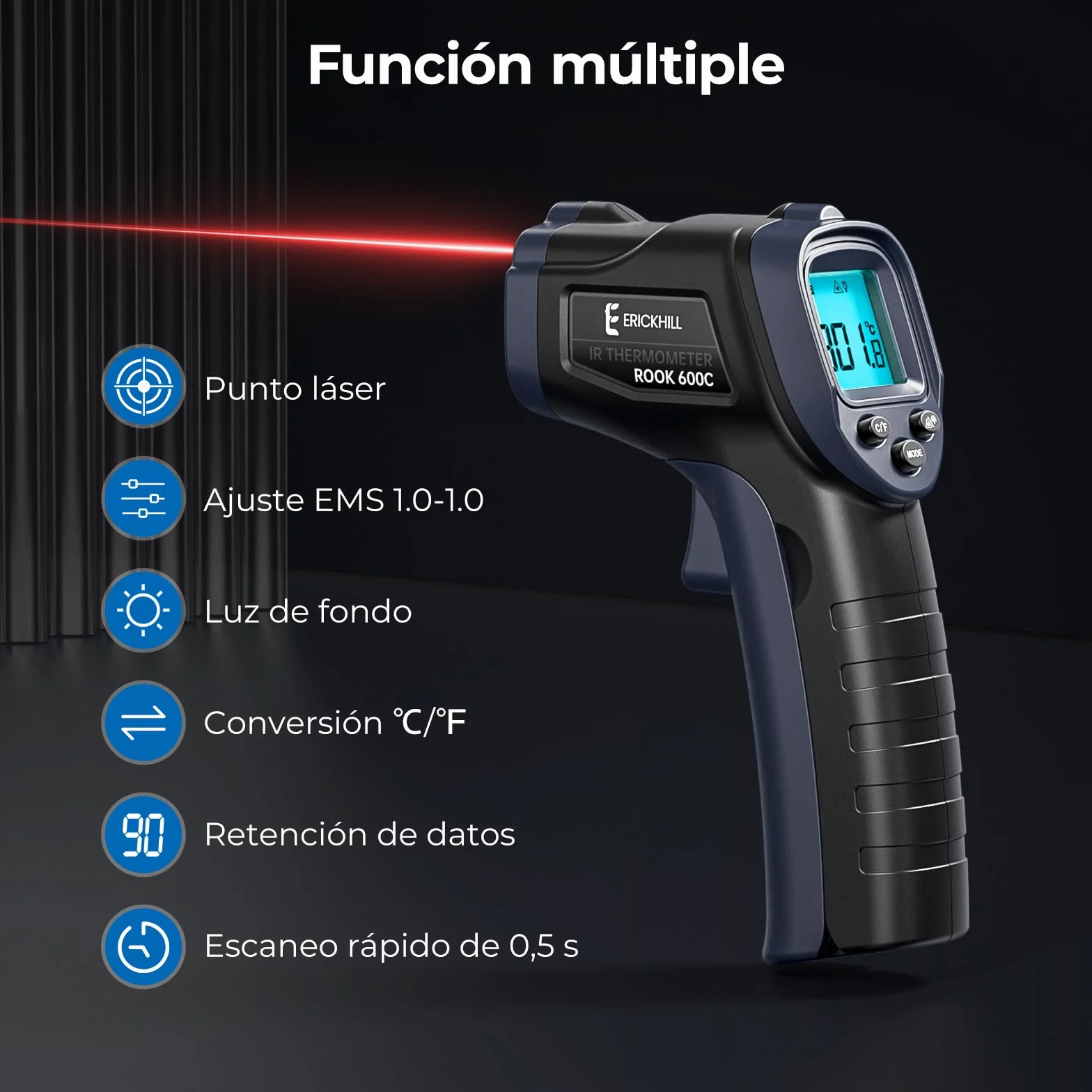 ERICKHILL Termómetro infrarrojo -50°C~600°C Pistola láser sin contacto LCD Pantalla retroiluminada Emisividad ajustable