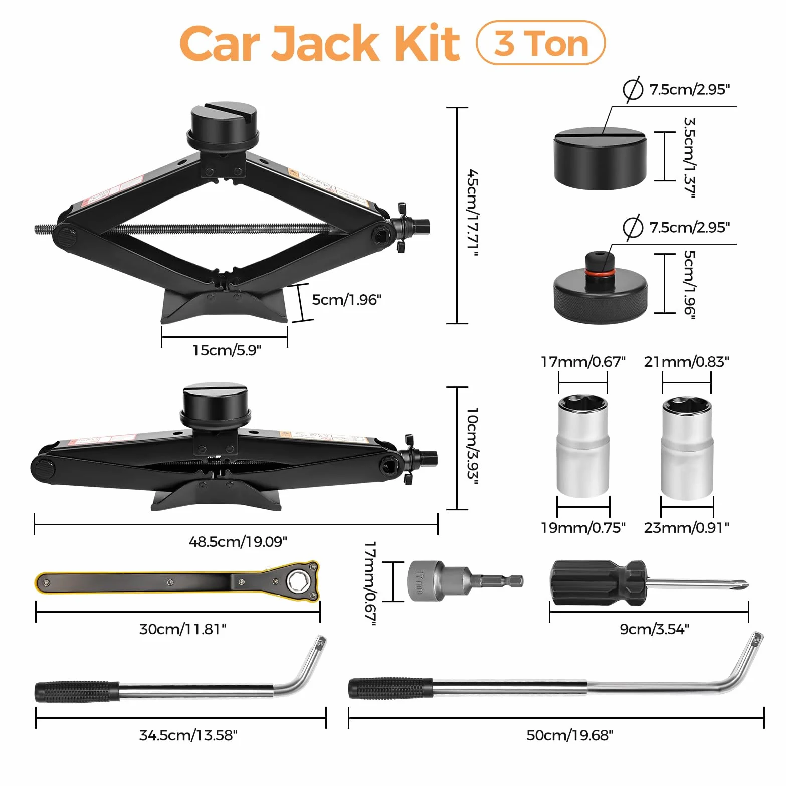 Gato hidráulico de tijera 3T 3000 kg universal 10-45 cm con 2 almohadillas de goma para SUV MPV Tesla