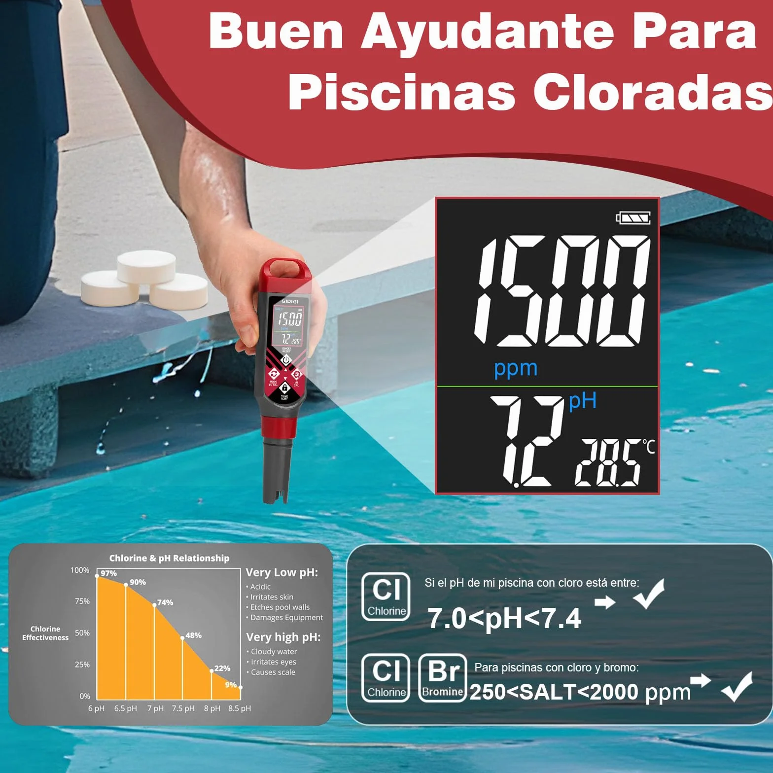 Medidor Digital 5 en 1 Salinidad pH EC TDS con Pantalla Color y Solución Calibración para Piscinas Agua Salada Acuarios Hidroponía