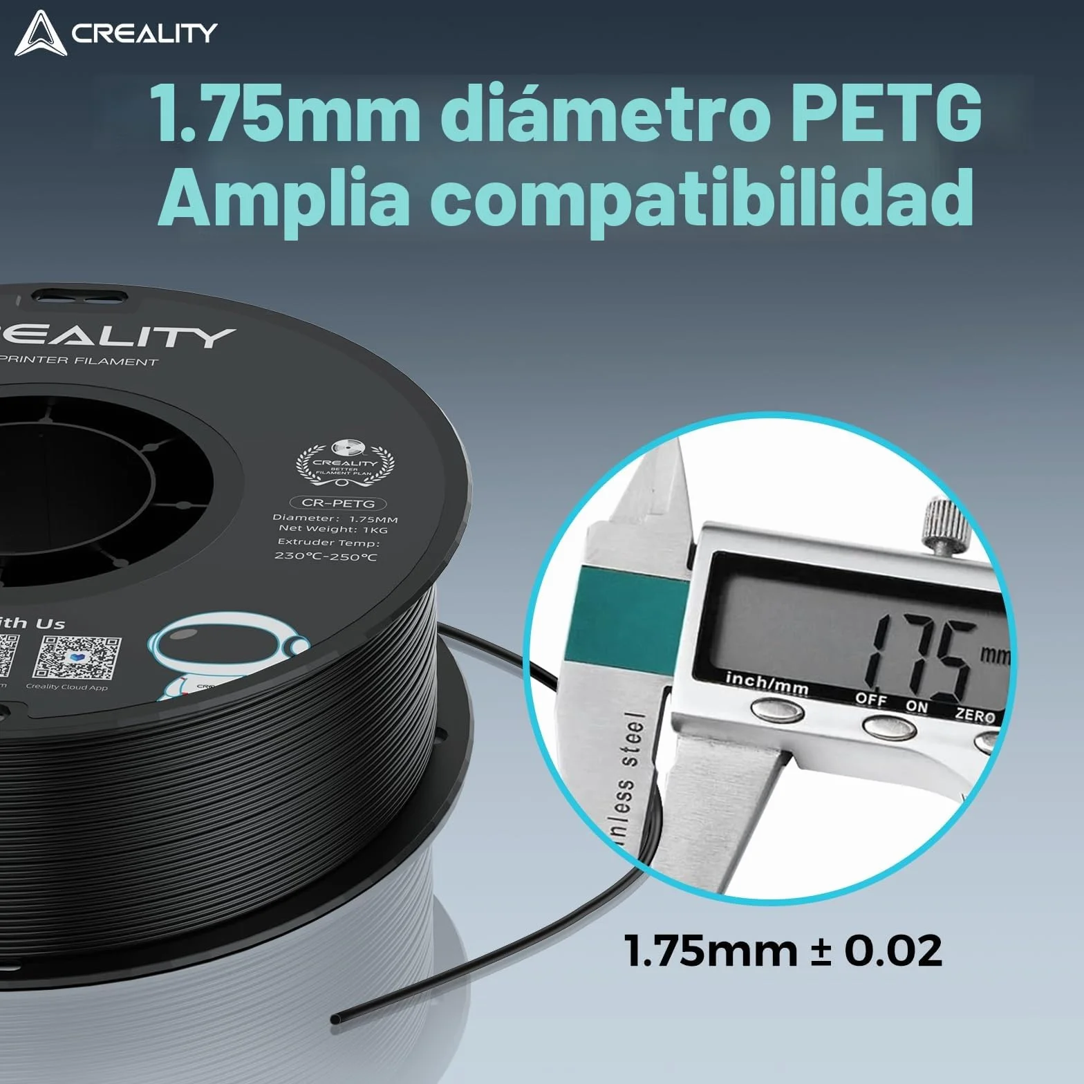 Creality PETG Filamento 1.75mm 1kg Negro para Impresora 3D FDM Alta Precisión Dimensional +/- 0,02 mm
