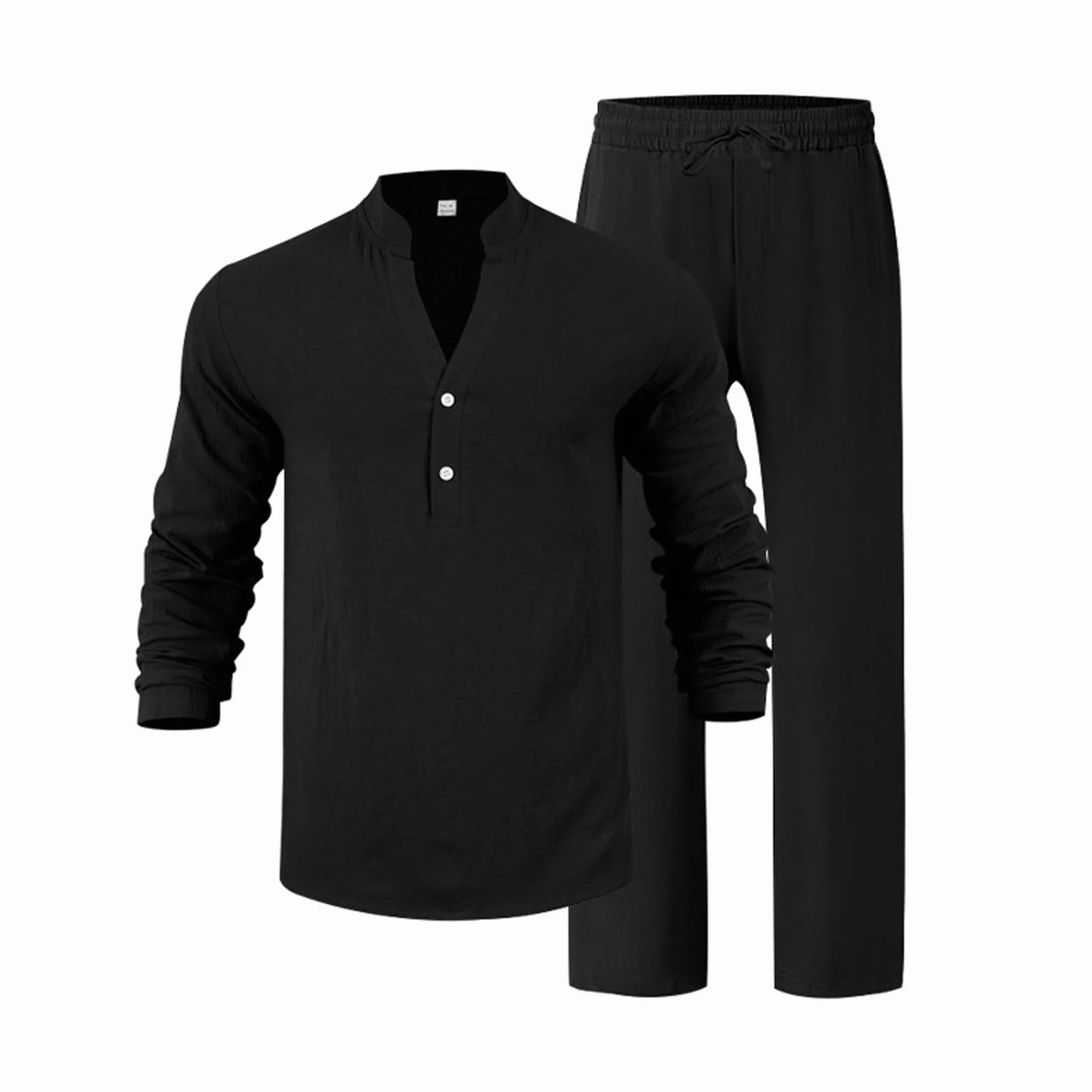 Camisa de lino para hombre, cuello en V, manga larga, pantalones casuales de otoño