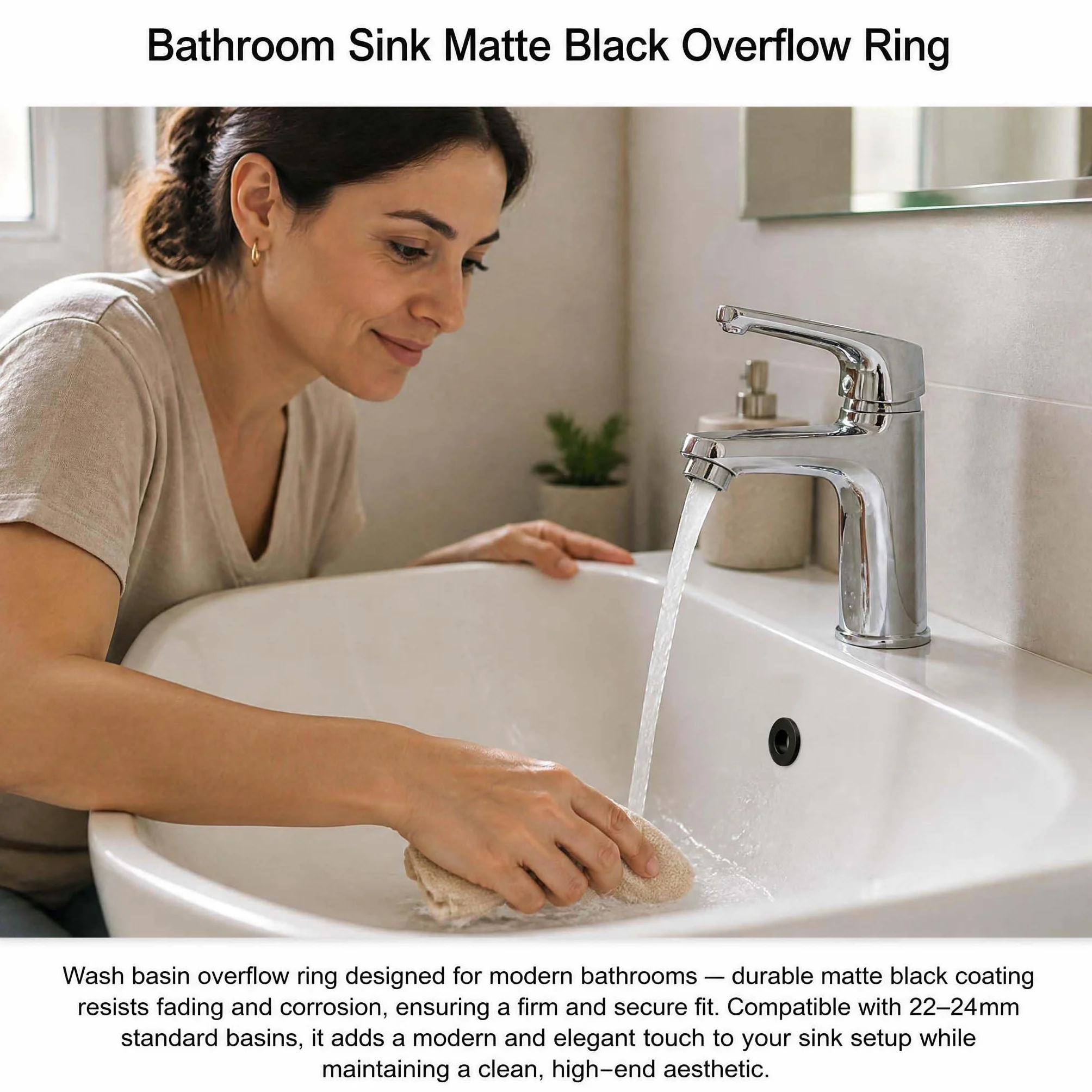 Anillo Rebosadero Lavabo Cobre Puro Negro Mate, Tapa Rebosadero Universal para Orificios 22-24mm, Lavamanos Baño y Fregadero Cocina