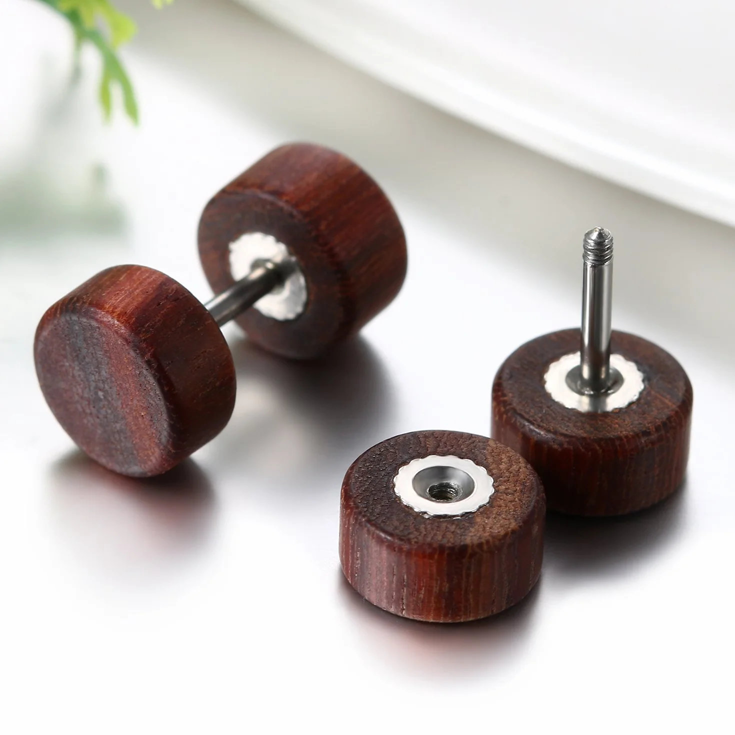 JewelryWe 1 Par Pendientes Madera Acero Inoxidable Pendientes Studs Pequeños de Hombre Mujer Unisex, Marrón Aretes Redondos de Tapones Pendientes 8-10mm