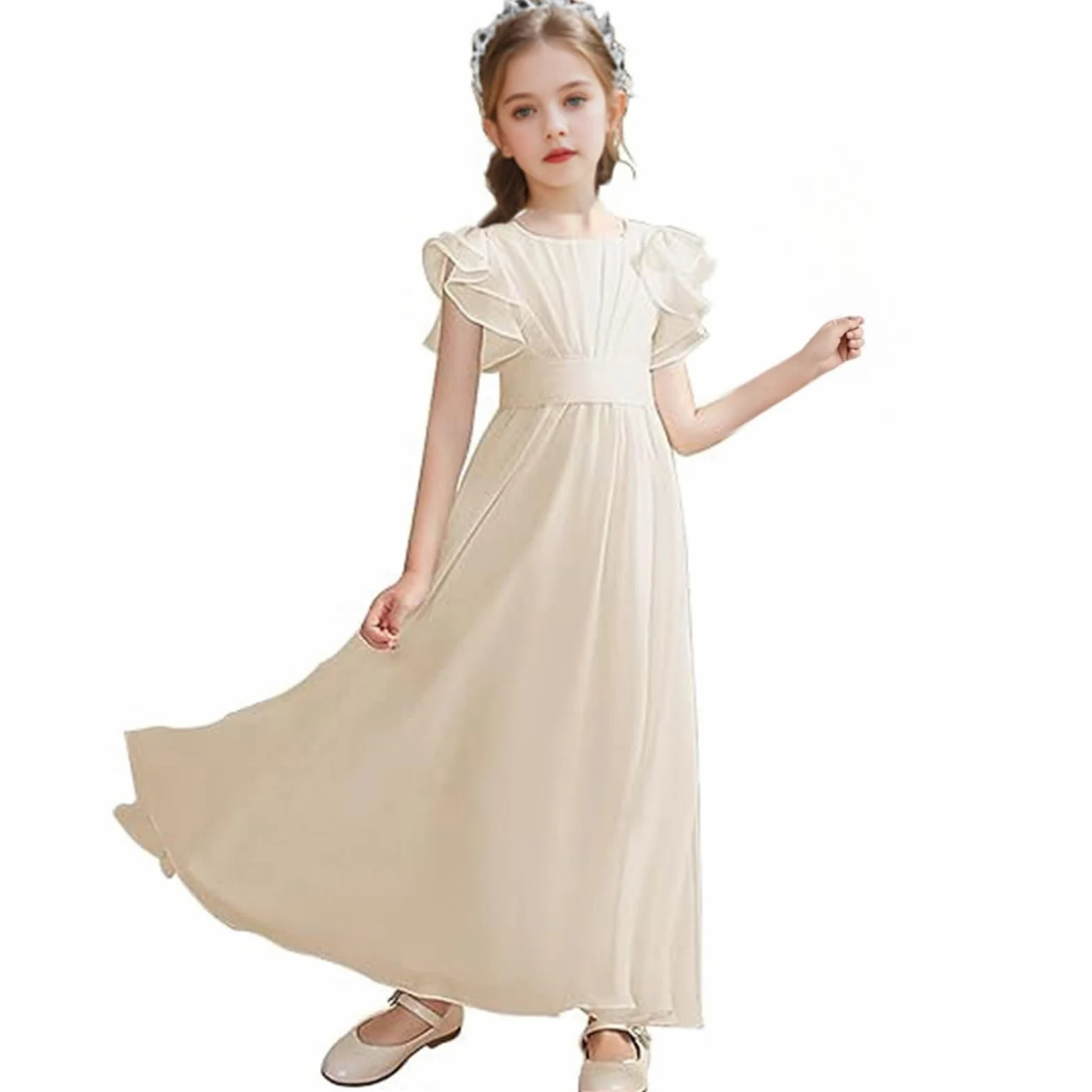Vestido de verano con mangas con volantes, elegante, acampanado, vestido de fiesta, boda, dama de honor, graduación, vestido de niña de flores, vestido largo bohemio con vuelo