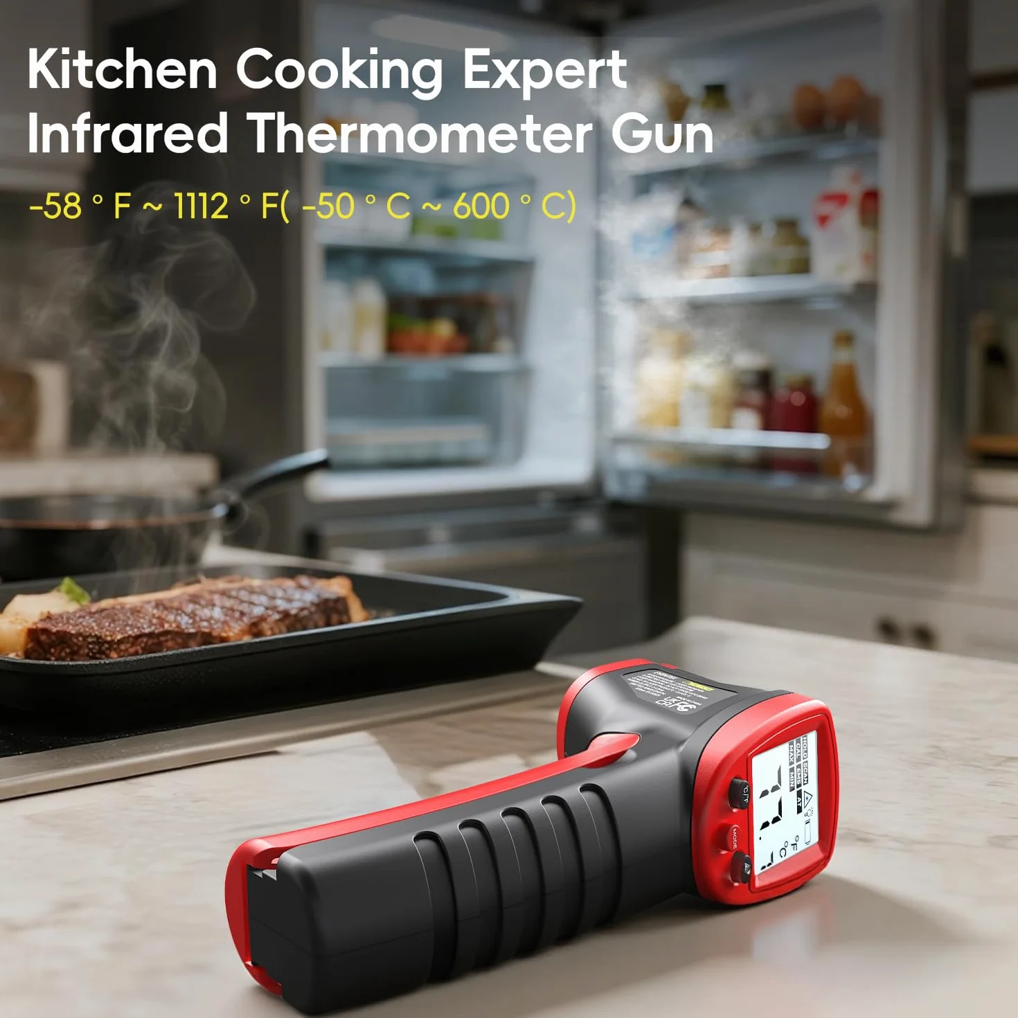 Eventek Termometro Infrarrojos Cocina -50℃~600℃ LCD Laser Pistola Temperatura Sin Contacto Emisividad Ajustable BBQ