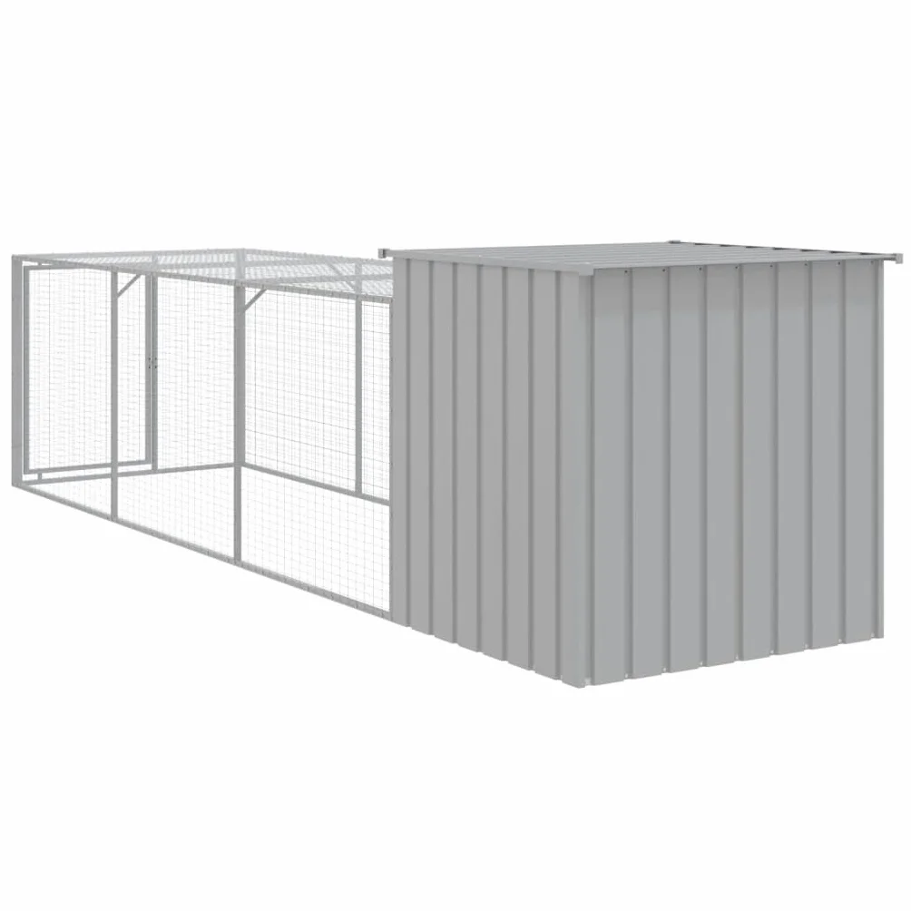 vidaXL Gallinero con Corral, Jaula de Gallinas Pollos con Tejado, Acero Galvanizado Gris Claro