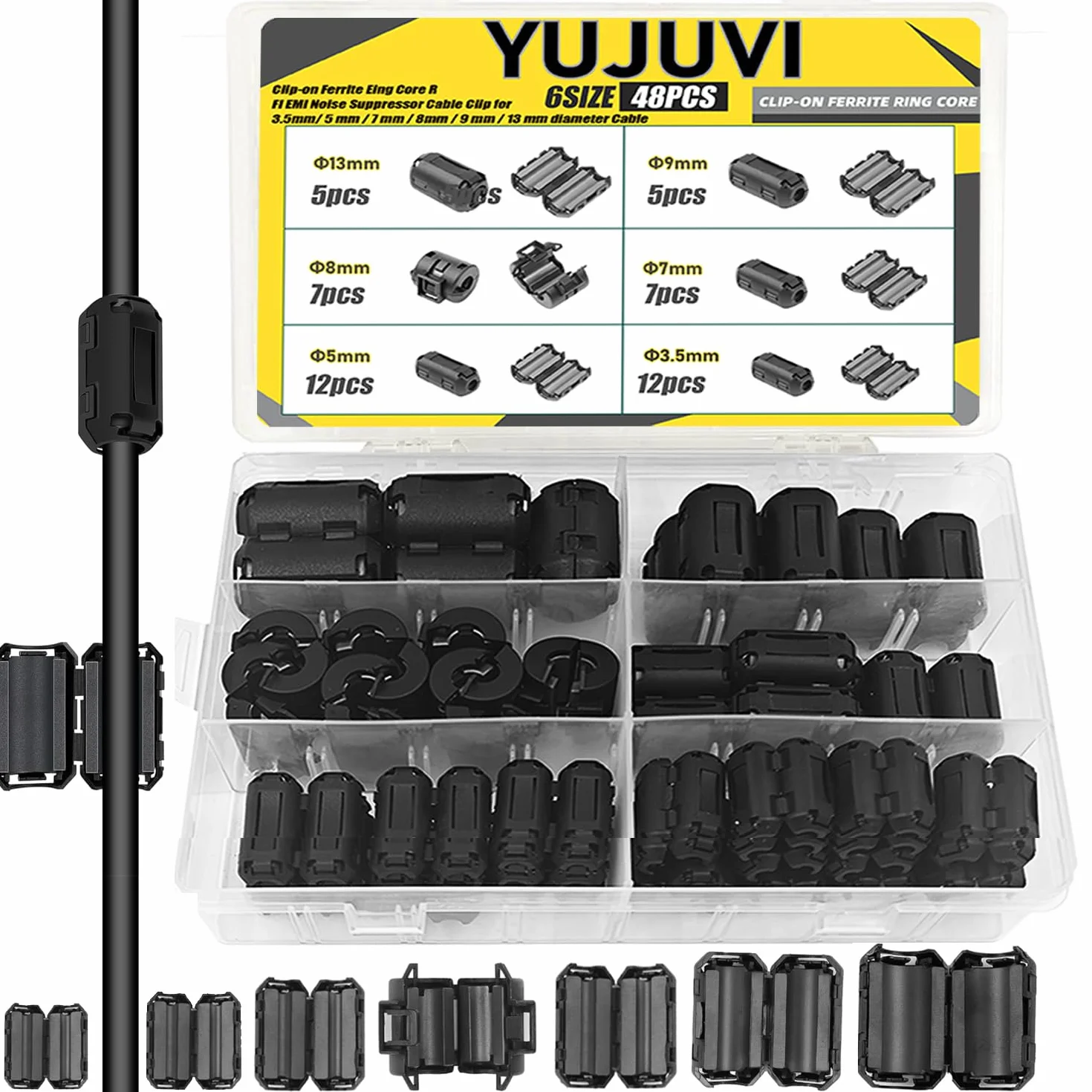 48 Piezas Núcleo de Anillo de Ferrita Supresor de Ruido RFI EMI Clip de Cable 3.5-13mm Diámetro Interior
