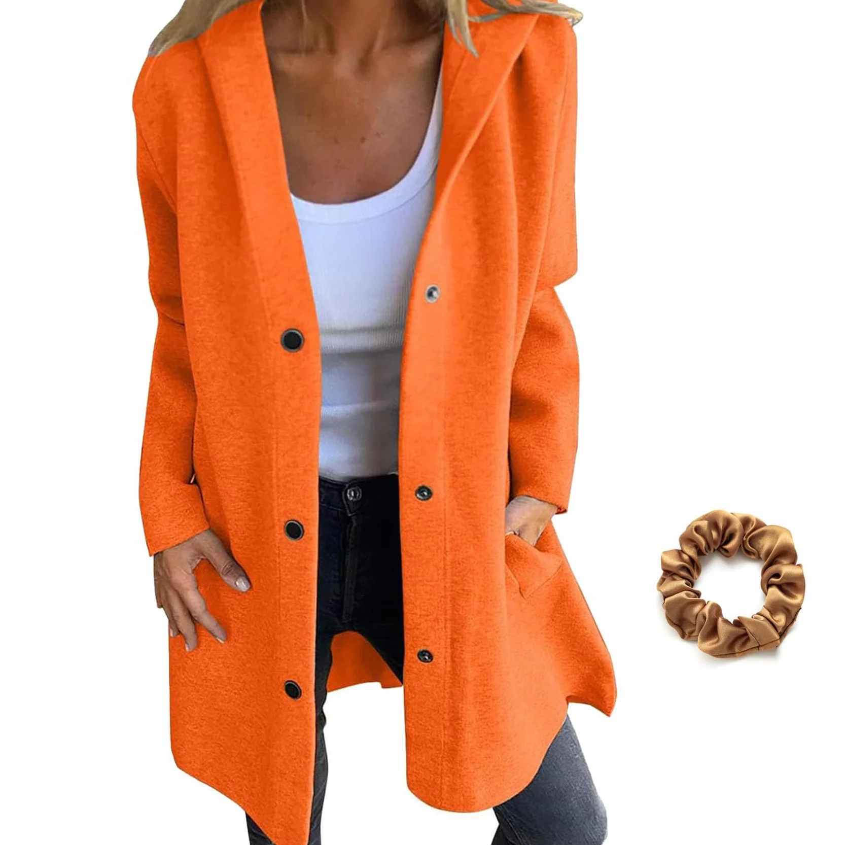 Genérico Casual Single Breasted Hooded Jacket for Autumn,Womens Casual Solid Color Coat Jackets Single-Breasted Mid Length