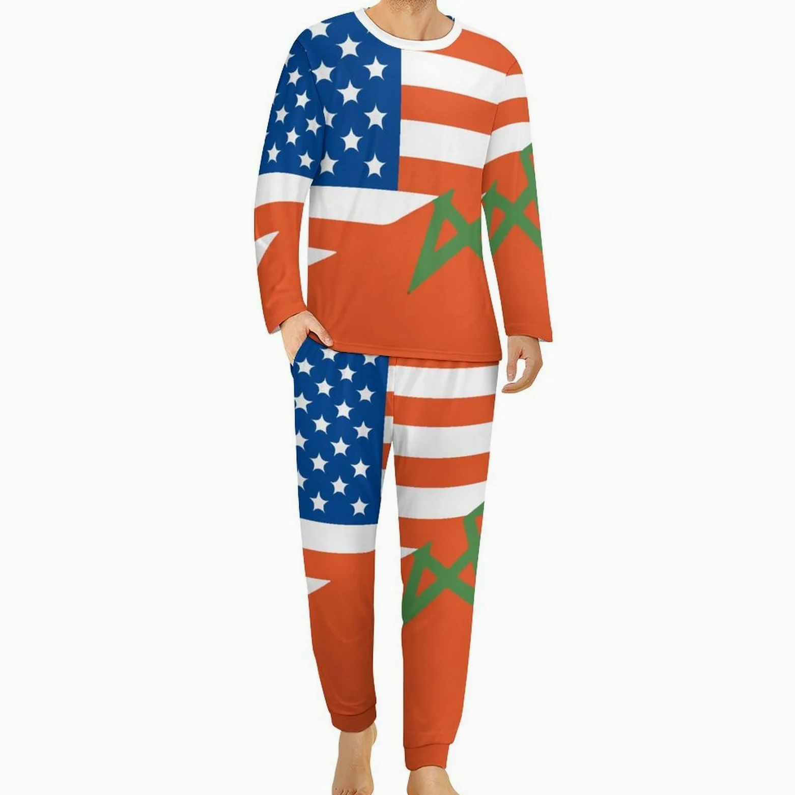 Conjunto de pijama para hombre con media bandera de Marruecos de Estados Unidos, cuello redondo, ropa de dormir larga, 2 piezas
