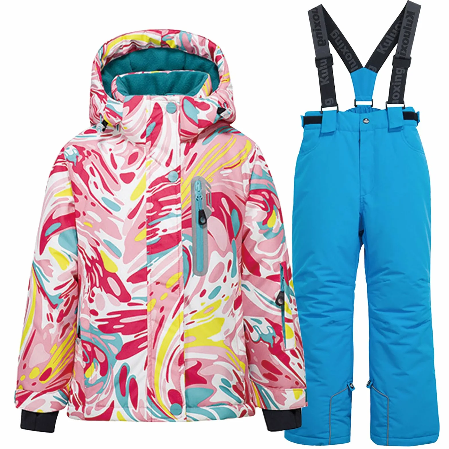 Conjunto de traje de esquí infantil de 2 piezas con capucha, traje de nieve impermeable a prueba de viento para niños y niñas, chaqueta de esquí cálida y pantalones de esquí, rosa brillante