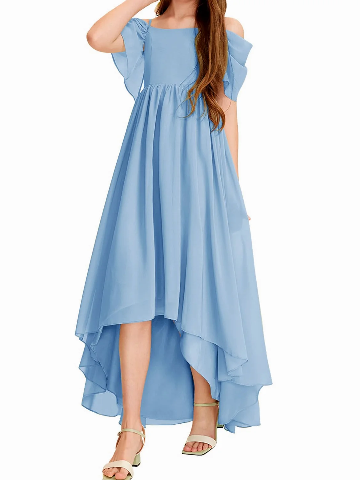 Haloumoning Vestido de niña con hombros descubiertos con volantes, vestido de verano para niños, línea A, monocolor, elegante, vestido de fiesta, boda, cumpleaños, festivo