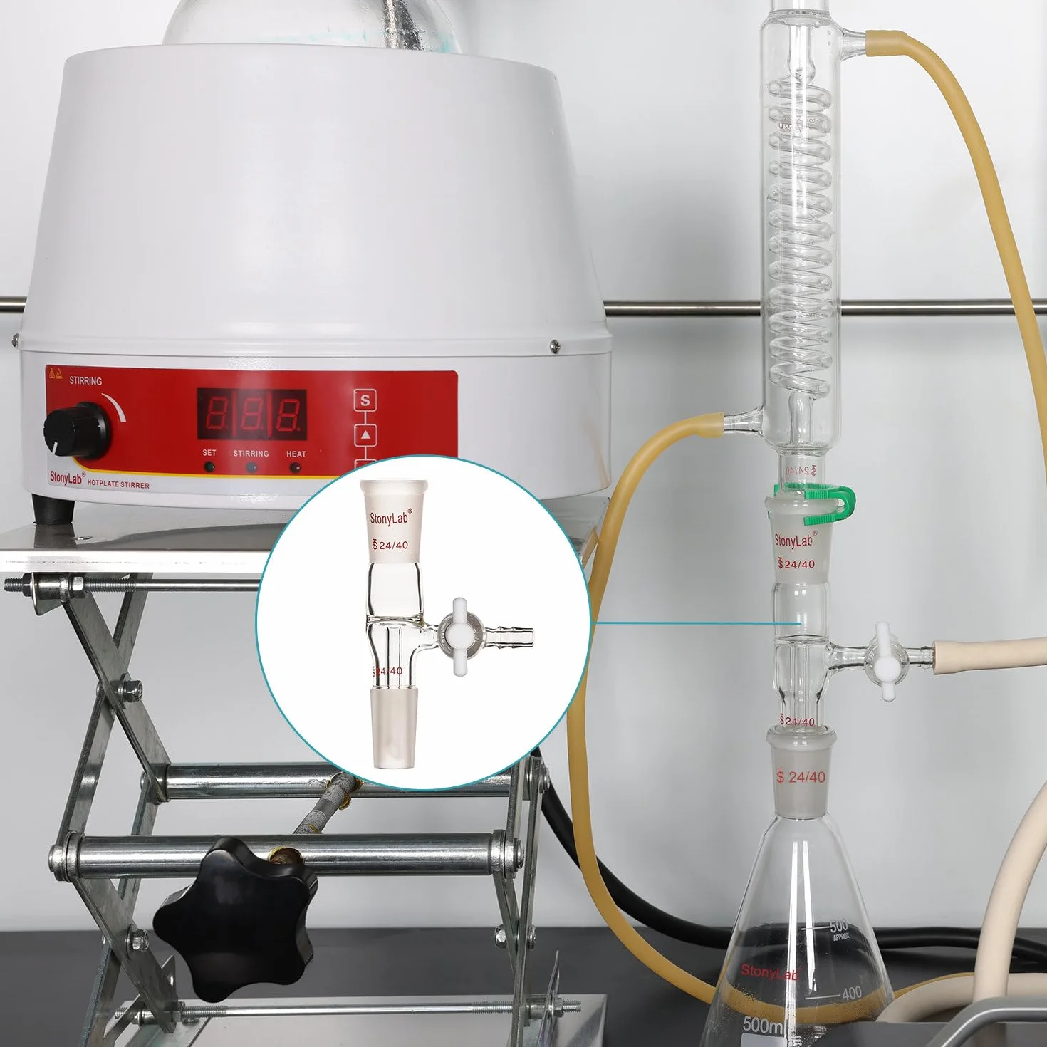 Styonylab Flow Control Adapter, Borosilicate Glass Adapter with 24/40 Standard Joint and Lateral PTFE Stopcock for Lab Supply