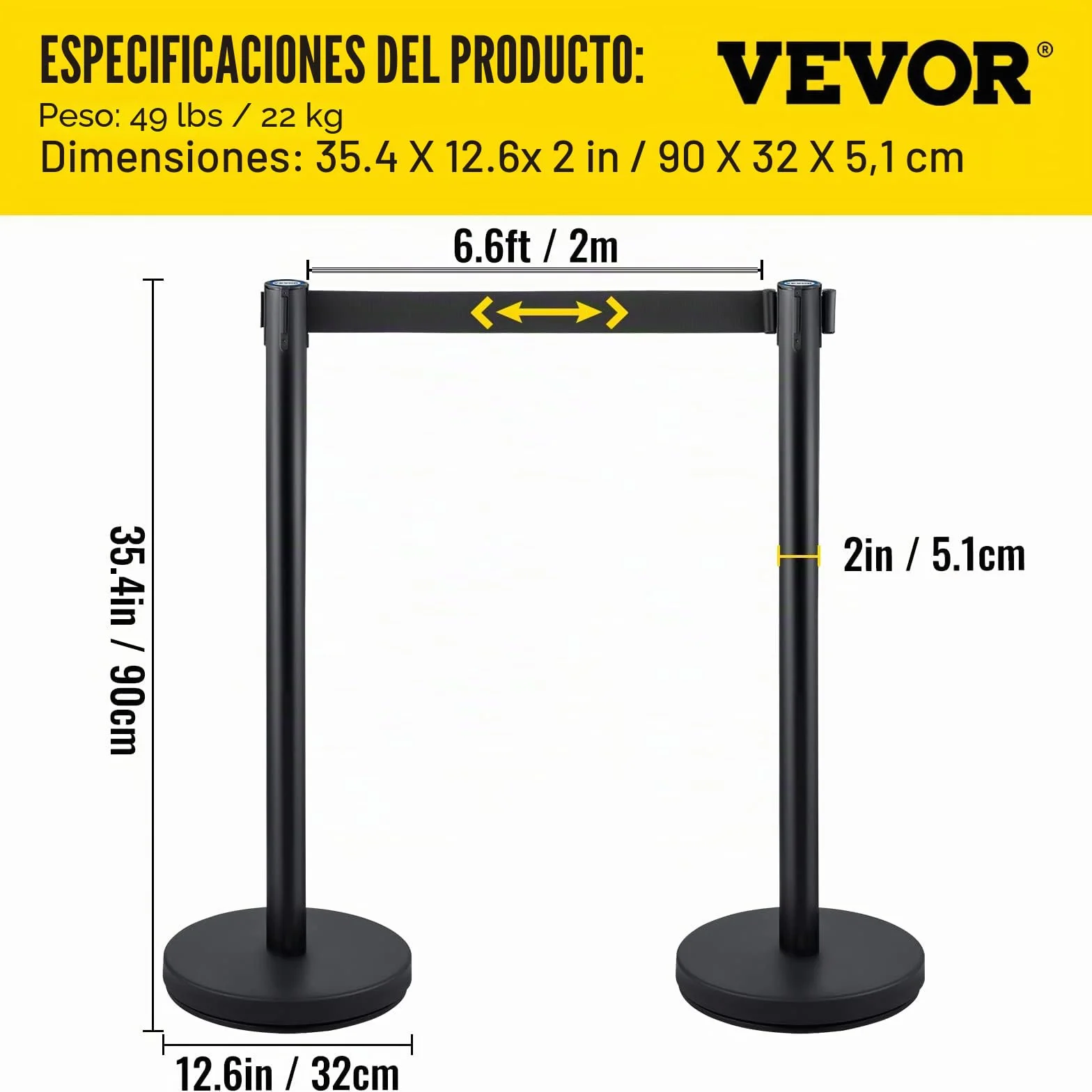 VEVOR Postes Separadores 4 piezas 90 cm Negros Poste Separador con Cinta Extensible 2 m Conexión 4 Vías 22 kg Postes de Barrera Control Multitudes Retráctiles Base Estable