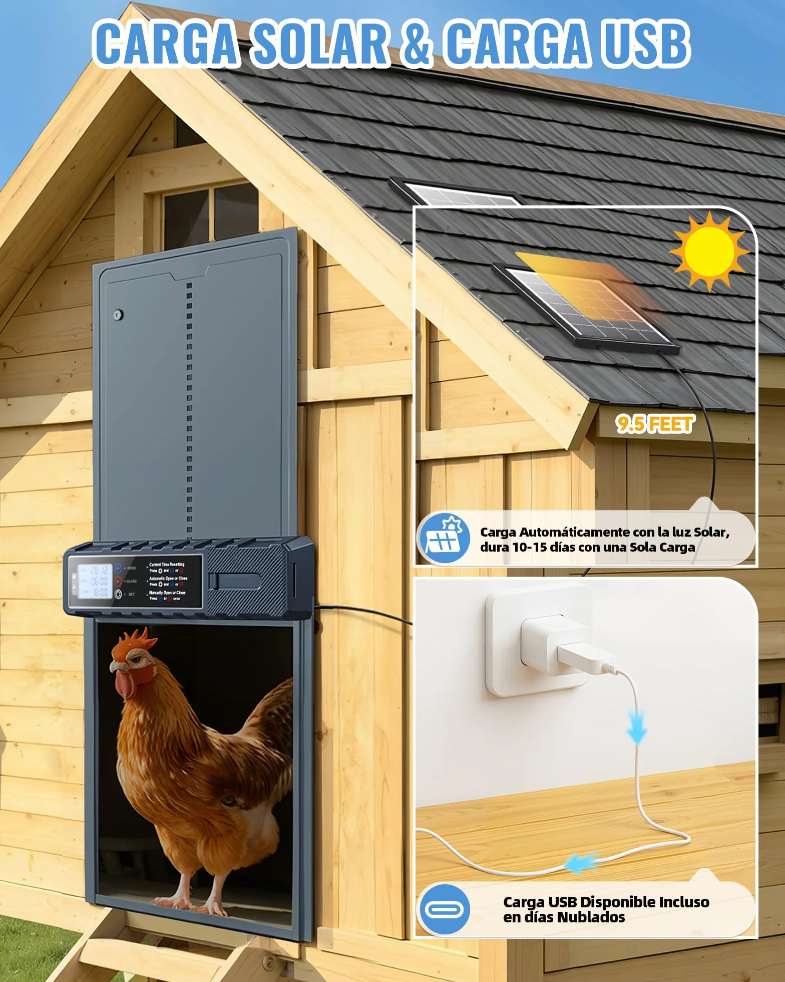 Puerta Gallinero Automatica XL Panel Solar 3W Aluminio Gris Antipinzamiento