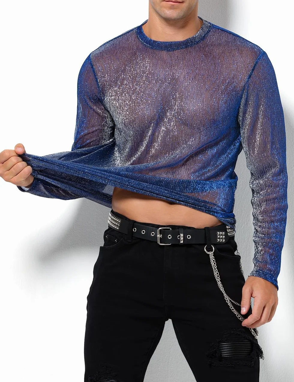 Casey Kevin Camiseta Transparentes Manga Larga Hombre Brillo Lentejuelas Rejilla Camisa Fiesta Plateada Brillante Ropa Sexy Top Fiesta Discoteca Punk Nocturno Jazz Rock Hip Hop Dance Clubwear