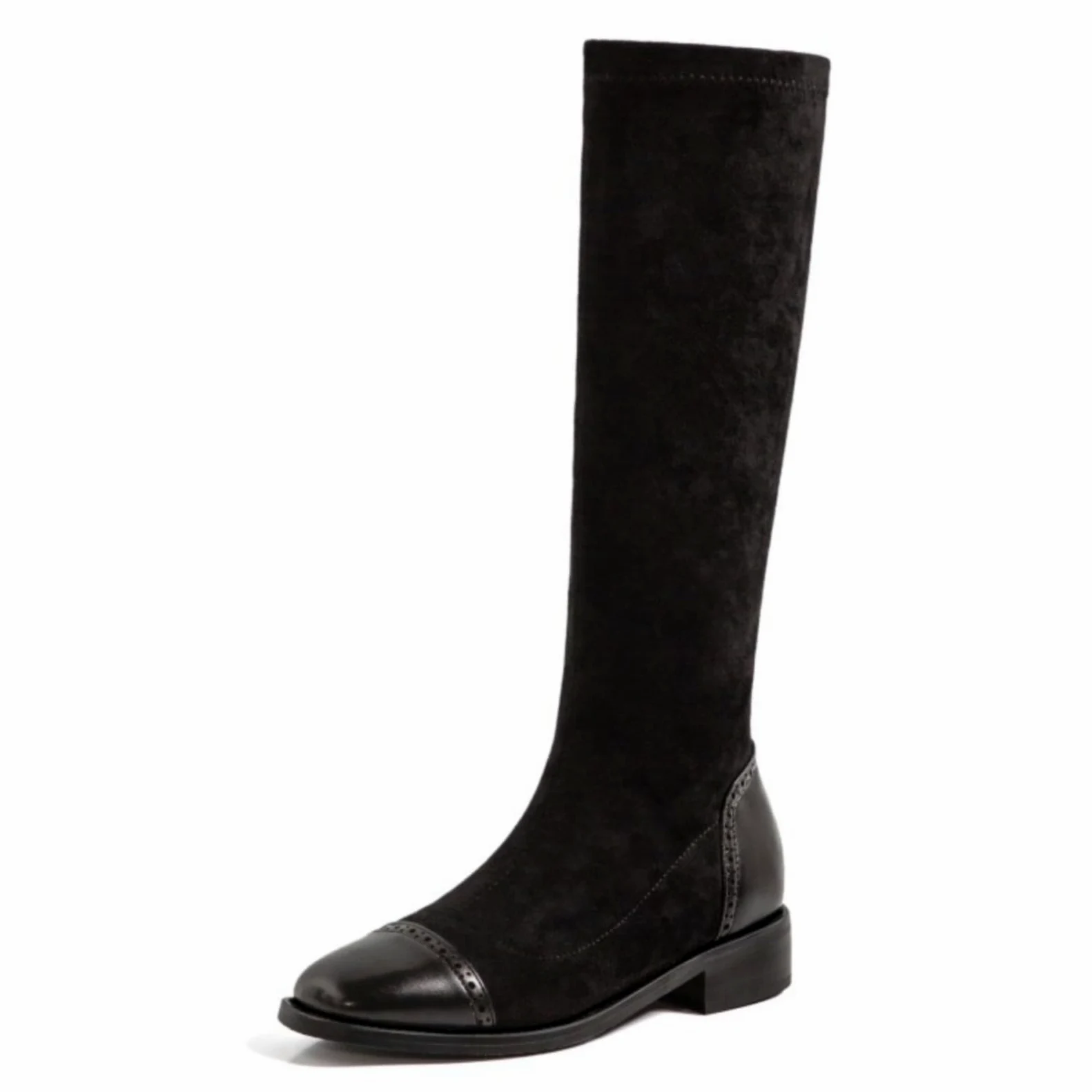 Mujer Botas Altas De Tacón Bajo Pantorrilla Estrecha, Botas De Montar Elásticas Botas Negras De Invierno Suede Tacón Chunky Botas Largas Cálidas Botas Slouch