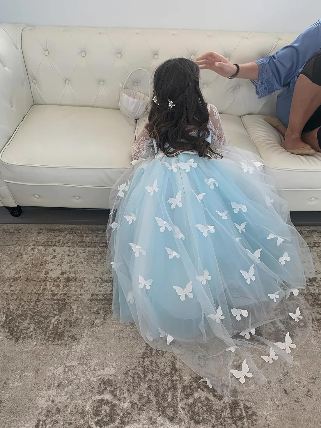 Lindo Vestido de niña de Flores de Encaje de Manga Larga Vestido de Fiesta de Primera comunión Vestido de Mariposa