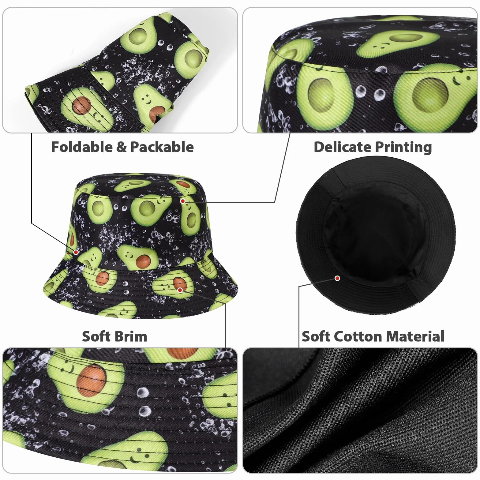 Mujer Sombrero de Pescador Reversible Algodón Bucket Hat, Protección UV Frutas Impresión Vacaciones Sombrero de Sol Ligera Gorra de Pesca, Plegable Verano Gorros de Playa para Viaje Fiesta