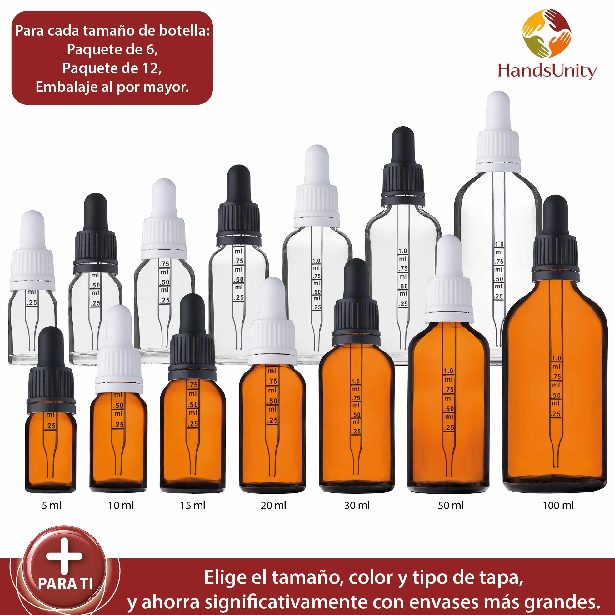 Juego de Frasco de Pipeta de Vidrio Ámbar 50ml - Botellas de Vidrio Marrón con Tapa Negra - 12 Piezas