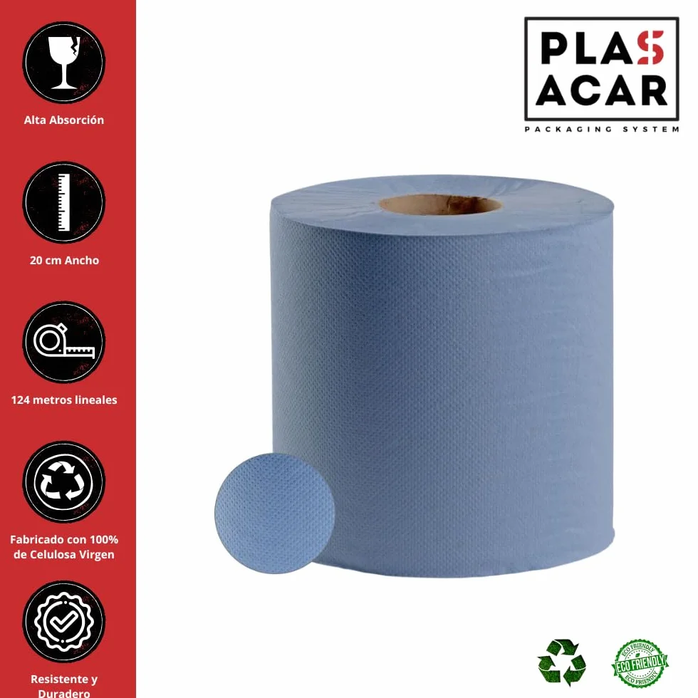 Bobina Papel Secamanos Mecha AZUL 100% Celulosa Virgen Pack 6 Unidades