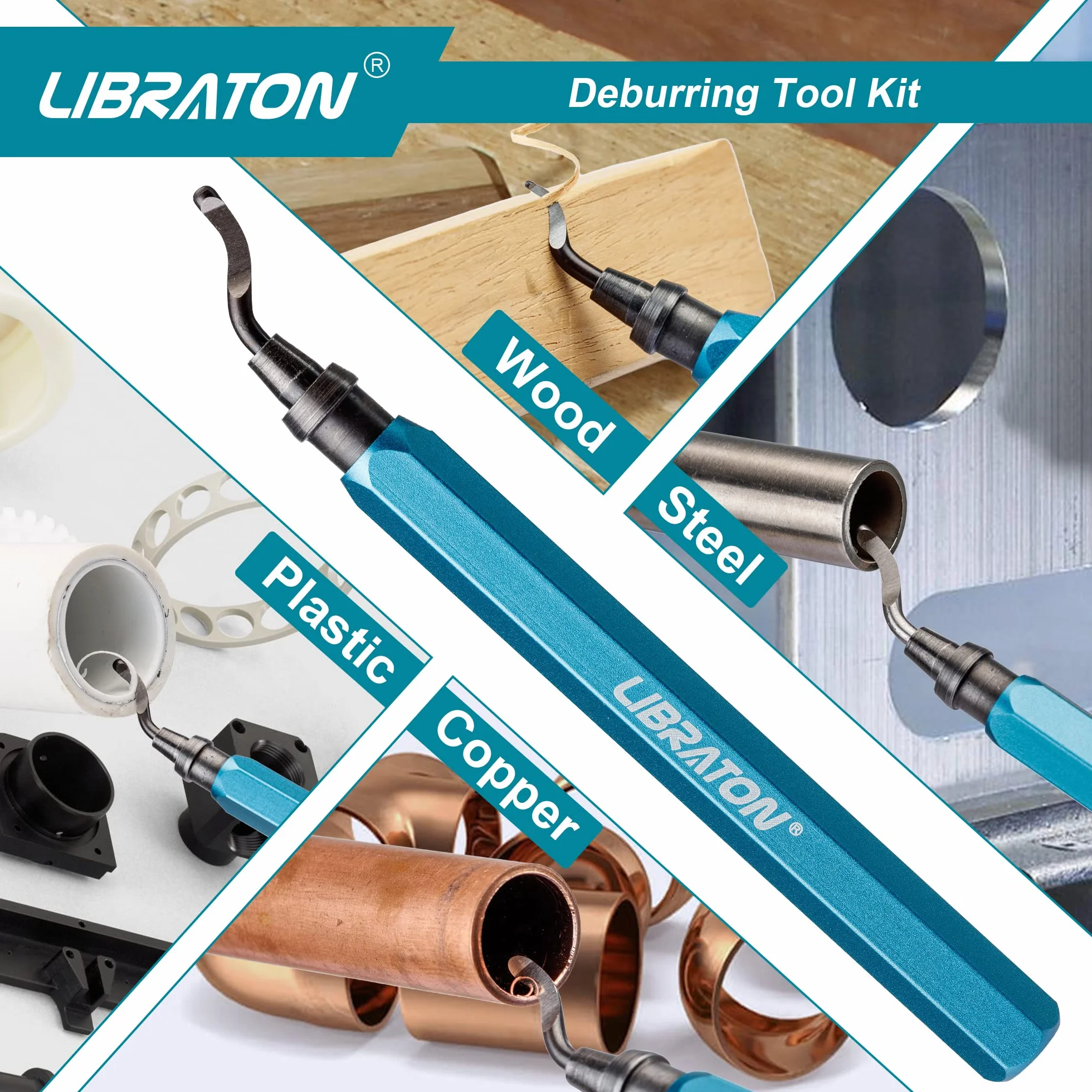 Libraton Herramienta de Desbarbado Manual, Desbarbador Universal 11 Piezas Cuchillas HSS, Mango Aleación Aluminio, 360° Giratorio para Impresora 3D