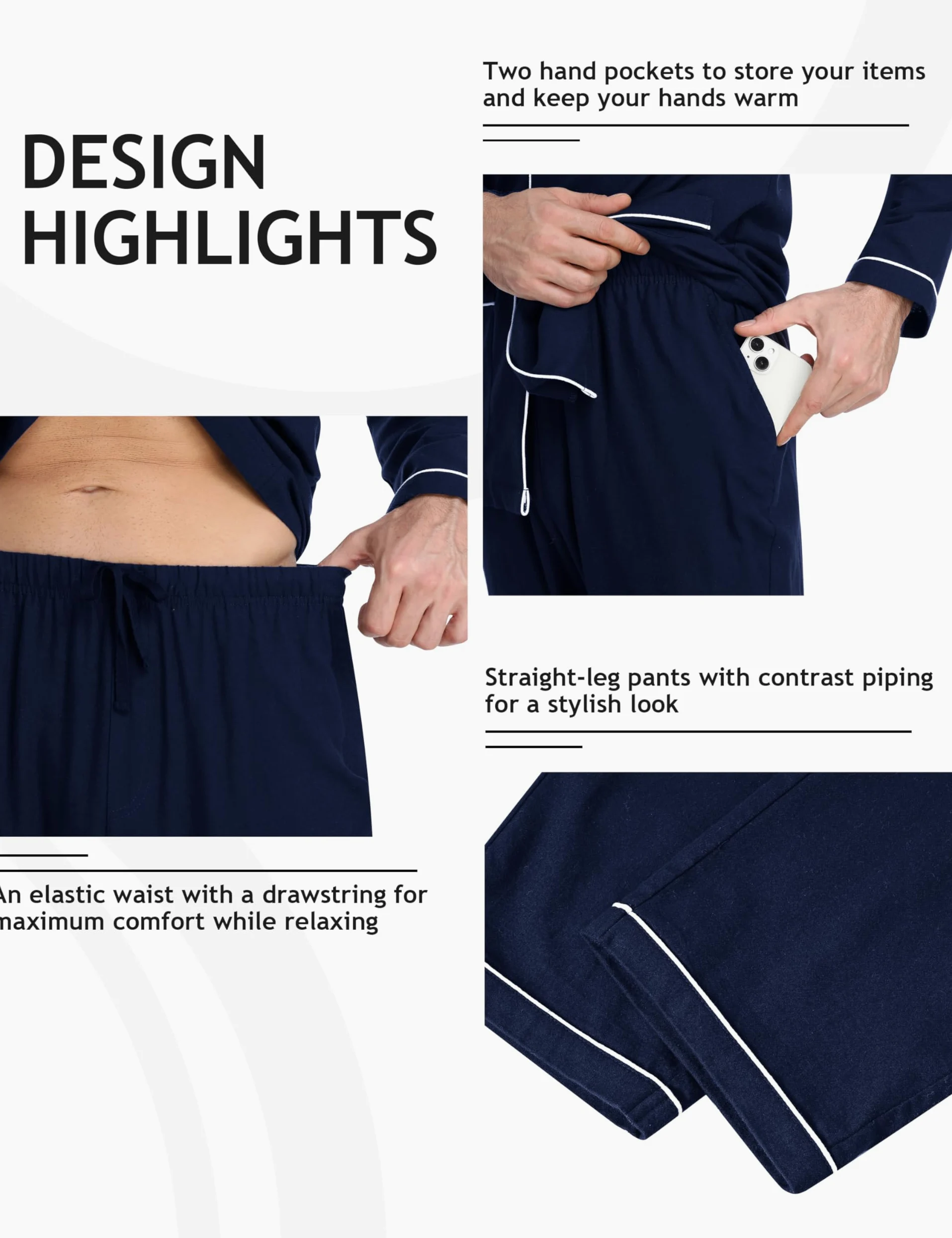 MoFiz Pijamas Largo Hombre Invierno Algodón Conjunto de Pijama con Botones a Cuadros Suave Ropa de Dormir Manga Larga Camisetas de Pijama y Pantalones con Bolsillos